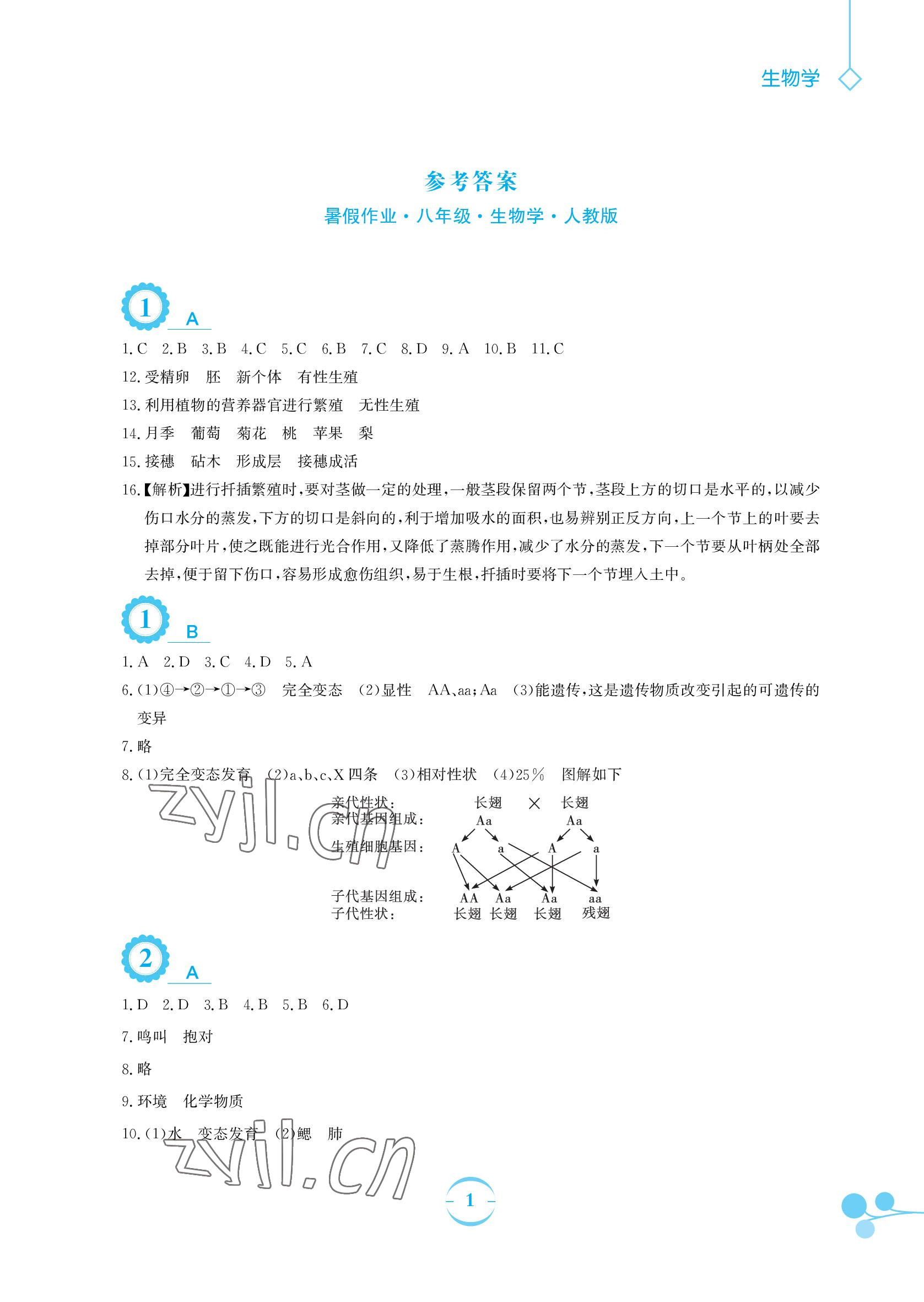 2022年暑假作业安徽教育出版社八年级生物人教版 参考答案第1页