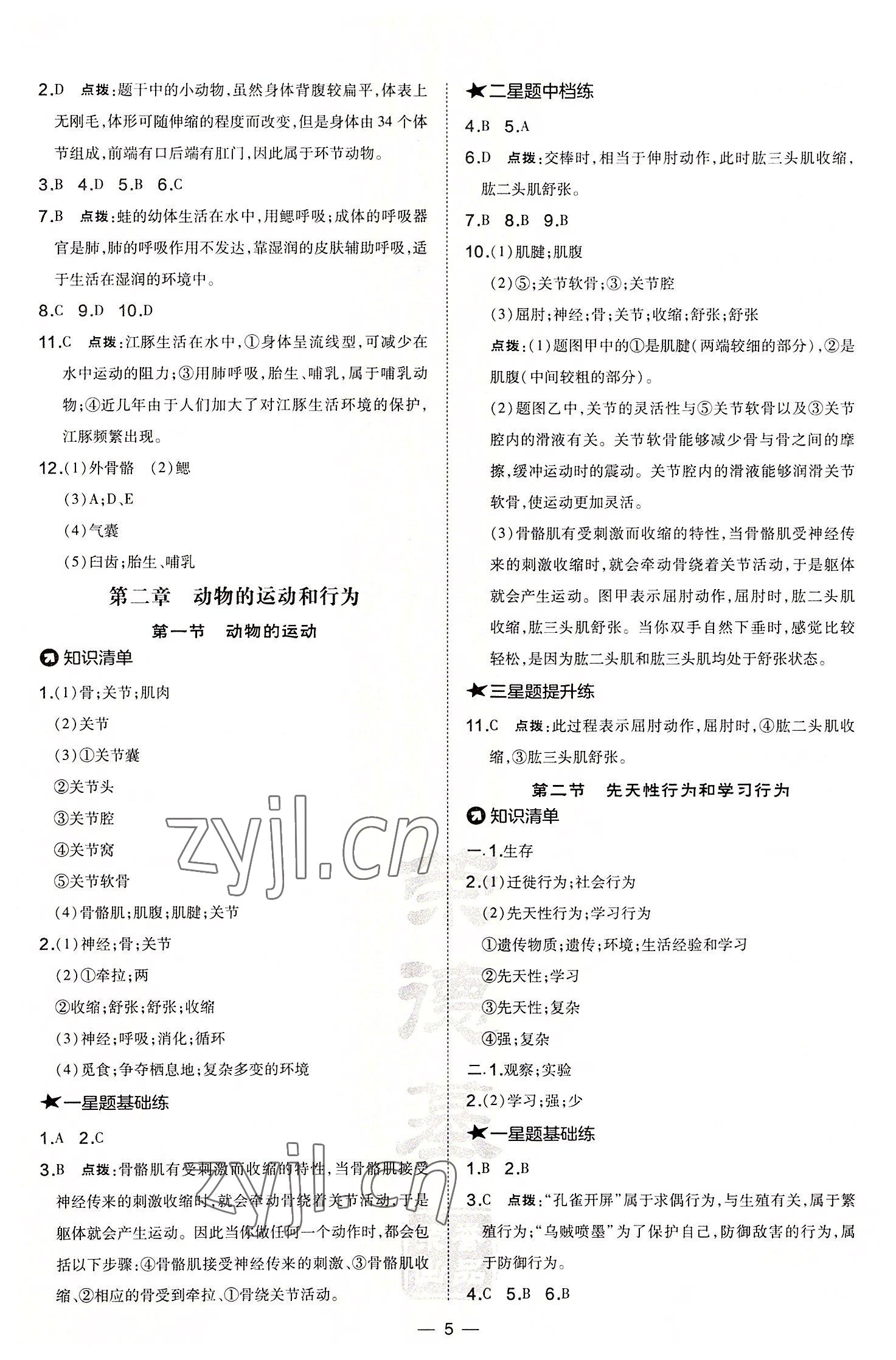 2022年點撥訓(xùn)練八年級生物上冊人教版 參考答案第5頁