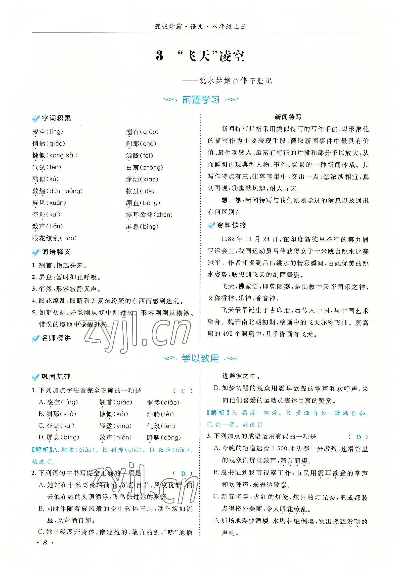 2022年蓉城学霸八年级语文上册人教版 参考答案第8页