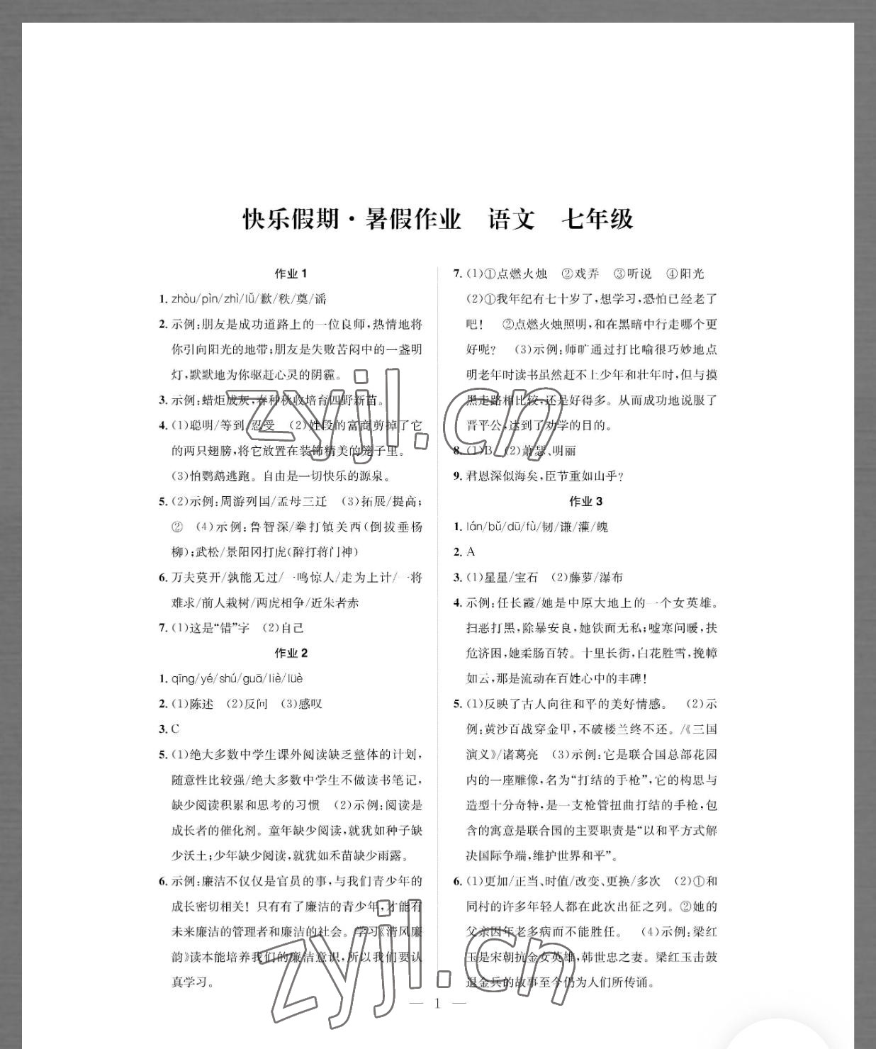 2022年七彩假日快乐假期暑假作业七年级语文 参考答案第1页