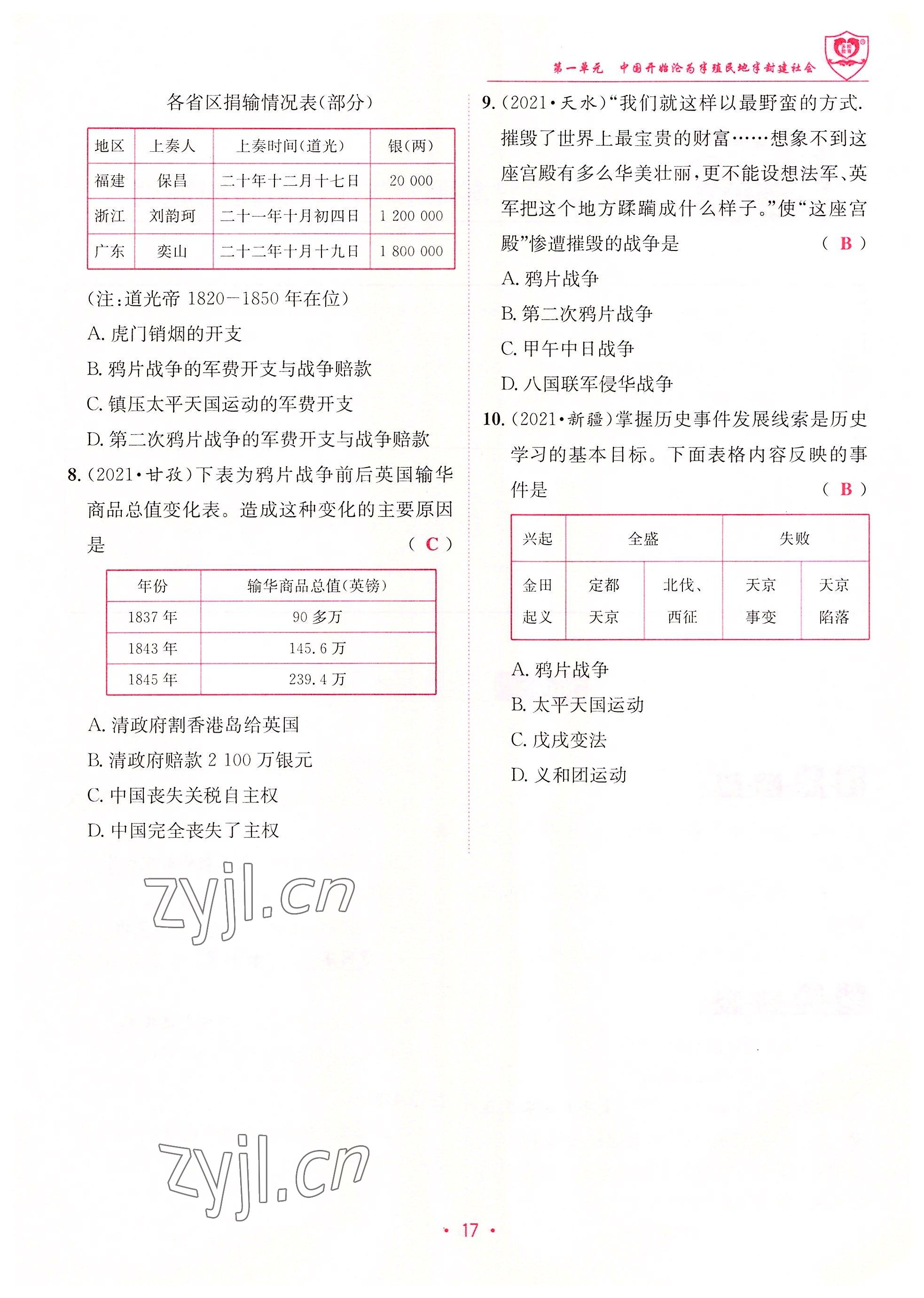 2022年指南针课堂优化八年级历史上册人教版 参考答案第17页