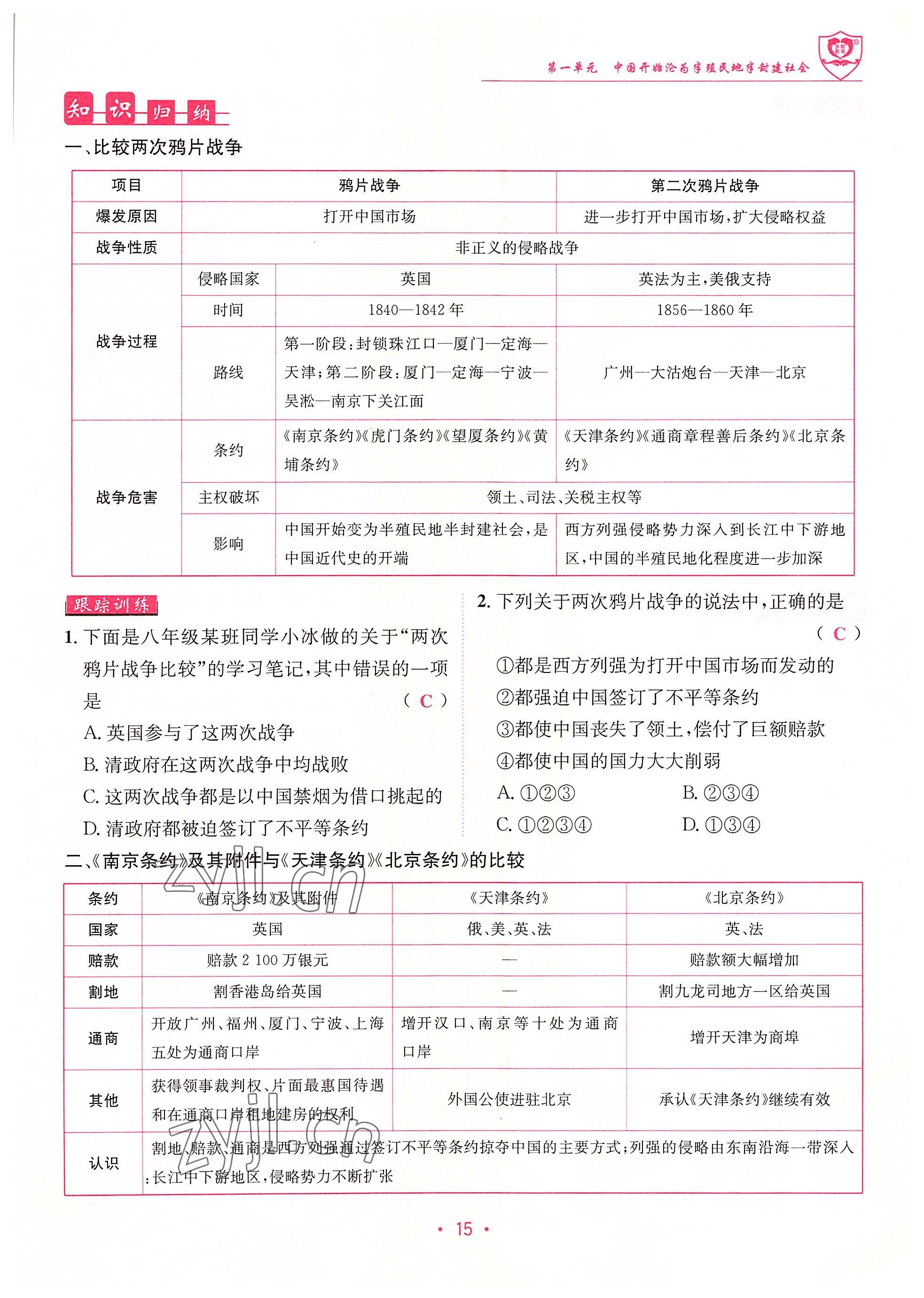 2022年指南针课堂优化八年级历史上册人教版 参考答案第15页