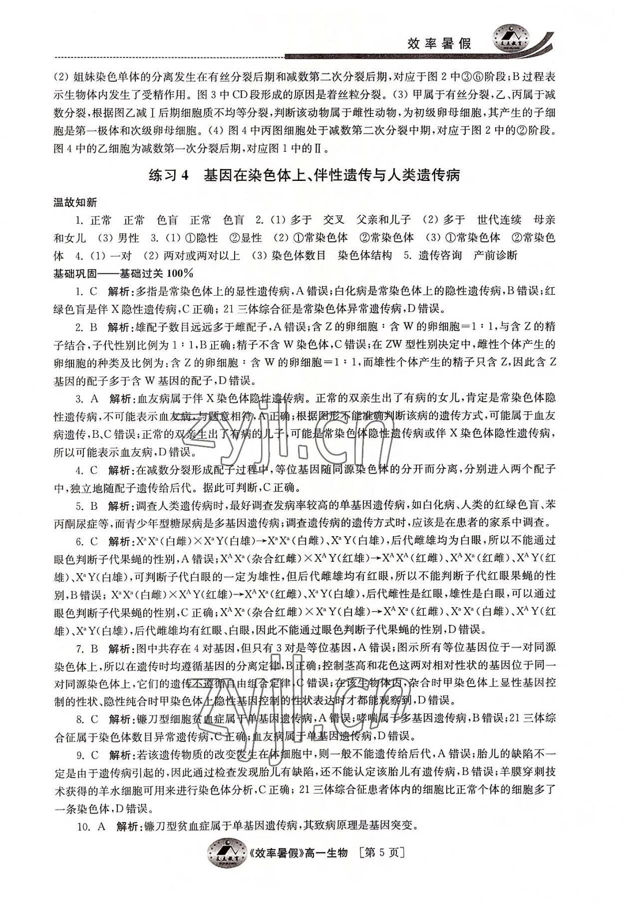 2022年效率暑假江苏人民出版社高一生物通用版 参考答案第5页