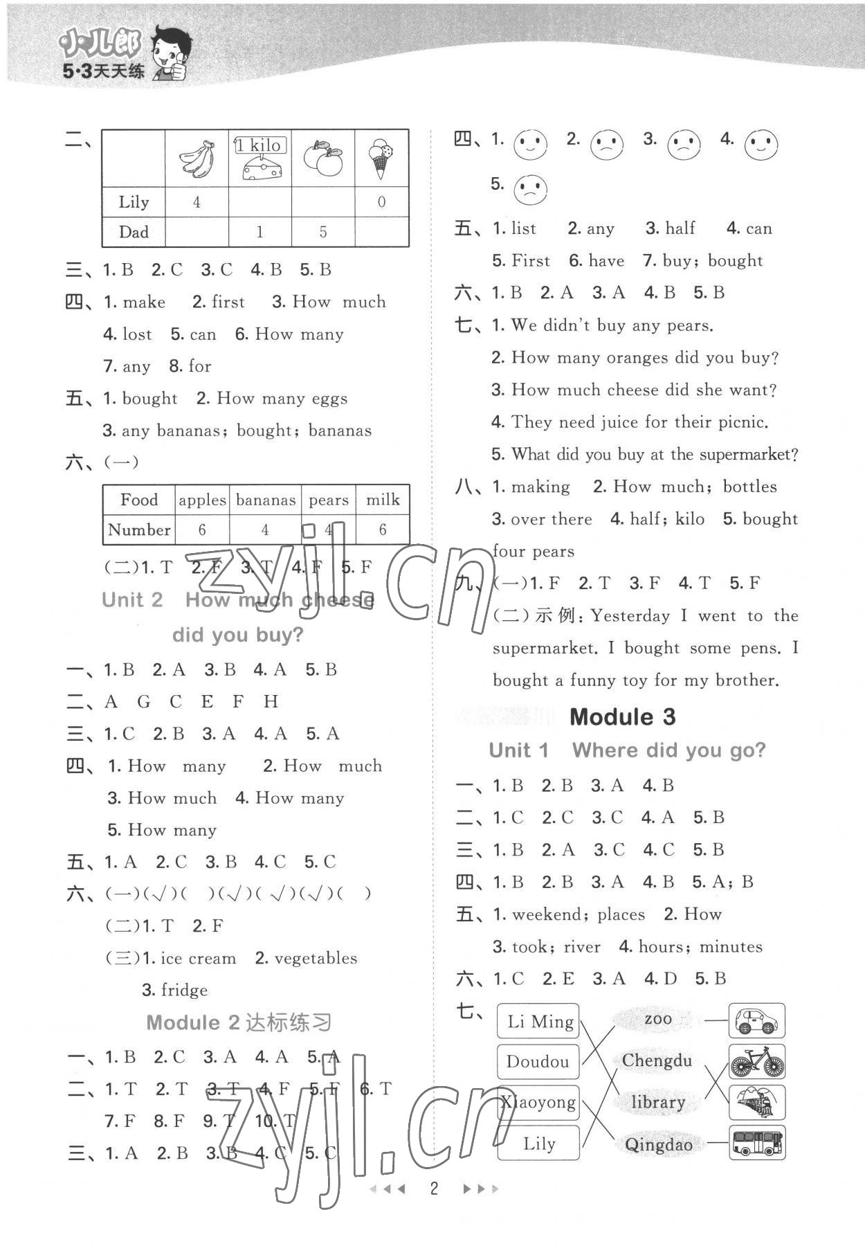 2022年53天天練五年級英語上冊外研版 參考答案第2頁