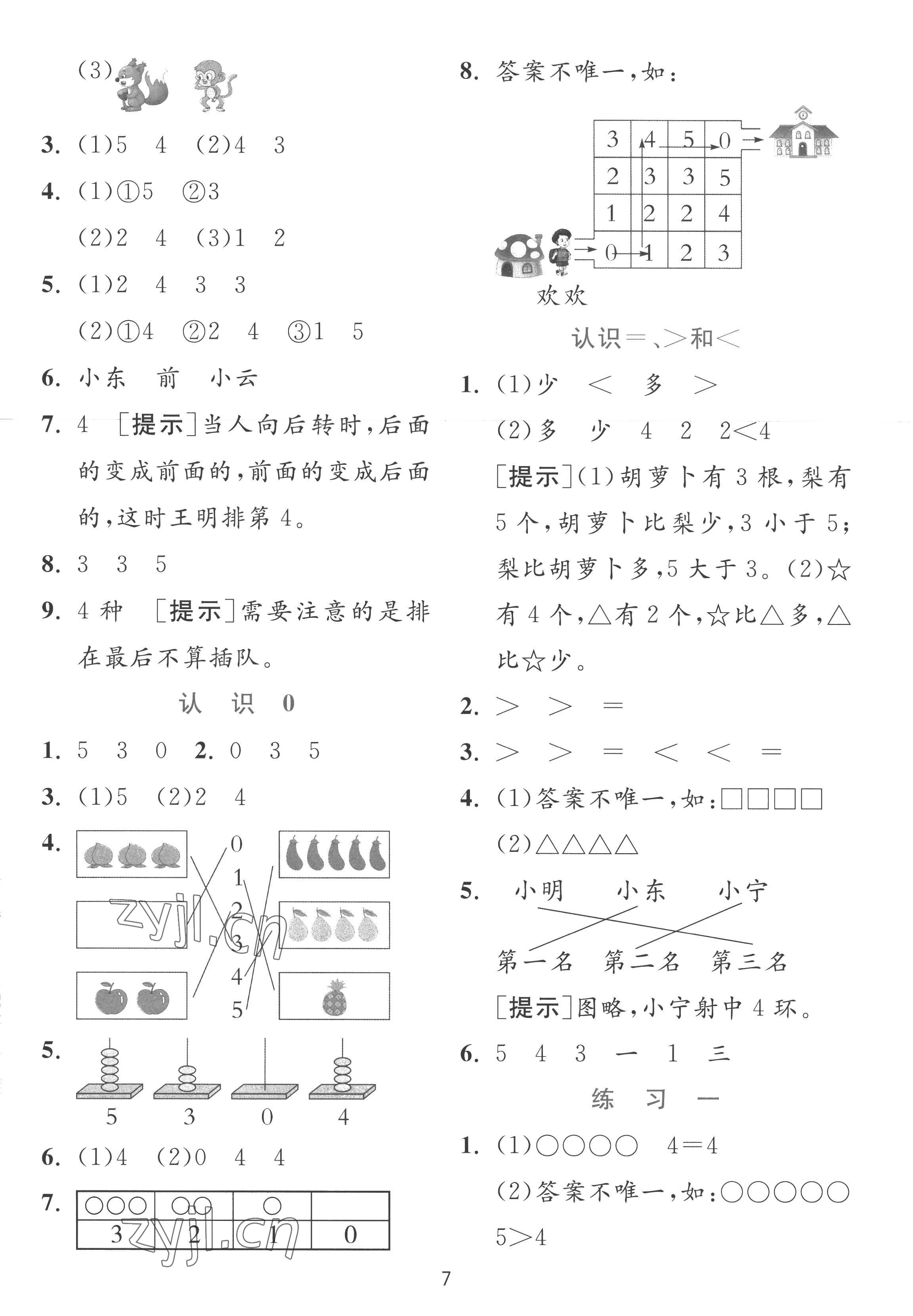 2022年實驗班提優(yōu)訓(xùn)練一年級數(shù)學(xué)上冊蘇教版 參考答案第7頁