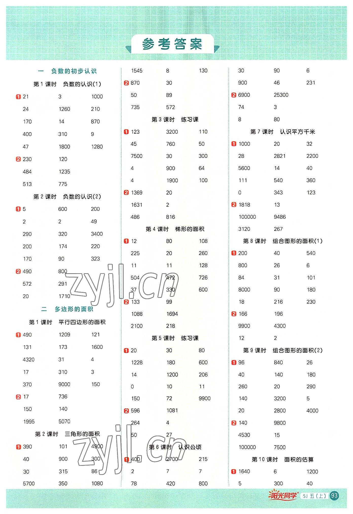 2022年阳光同学计算小达人五年级数学上册苏教版 参考答案第1页