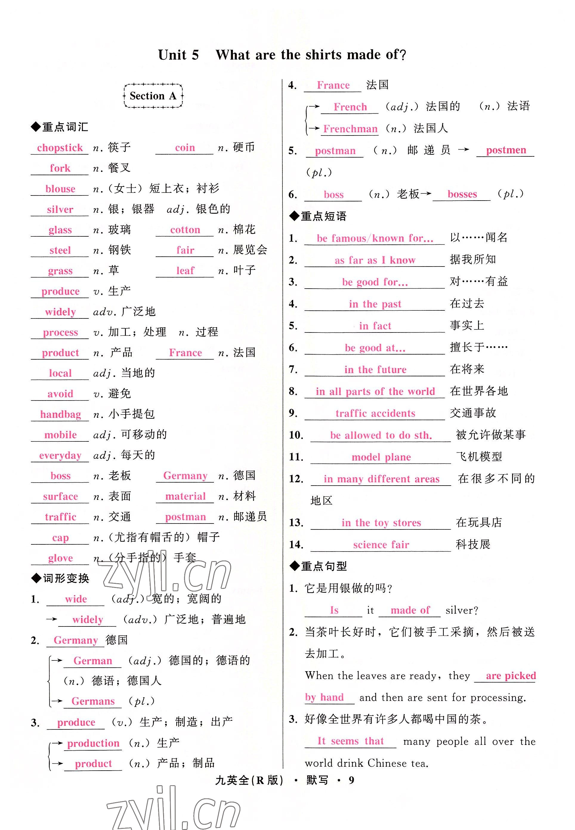 2022年名師面對(duì)面同步作業(yè)本九年級(jí)英語全一冊人教版杭州專版 參考答案第9頁