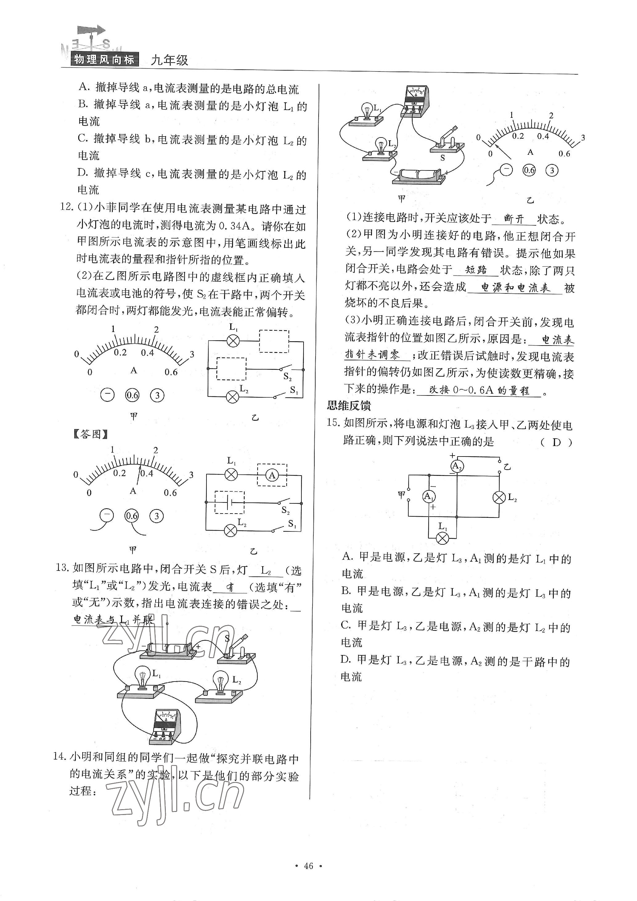 2022年物理风向标九年级全一册 参考答案第46页