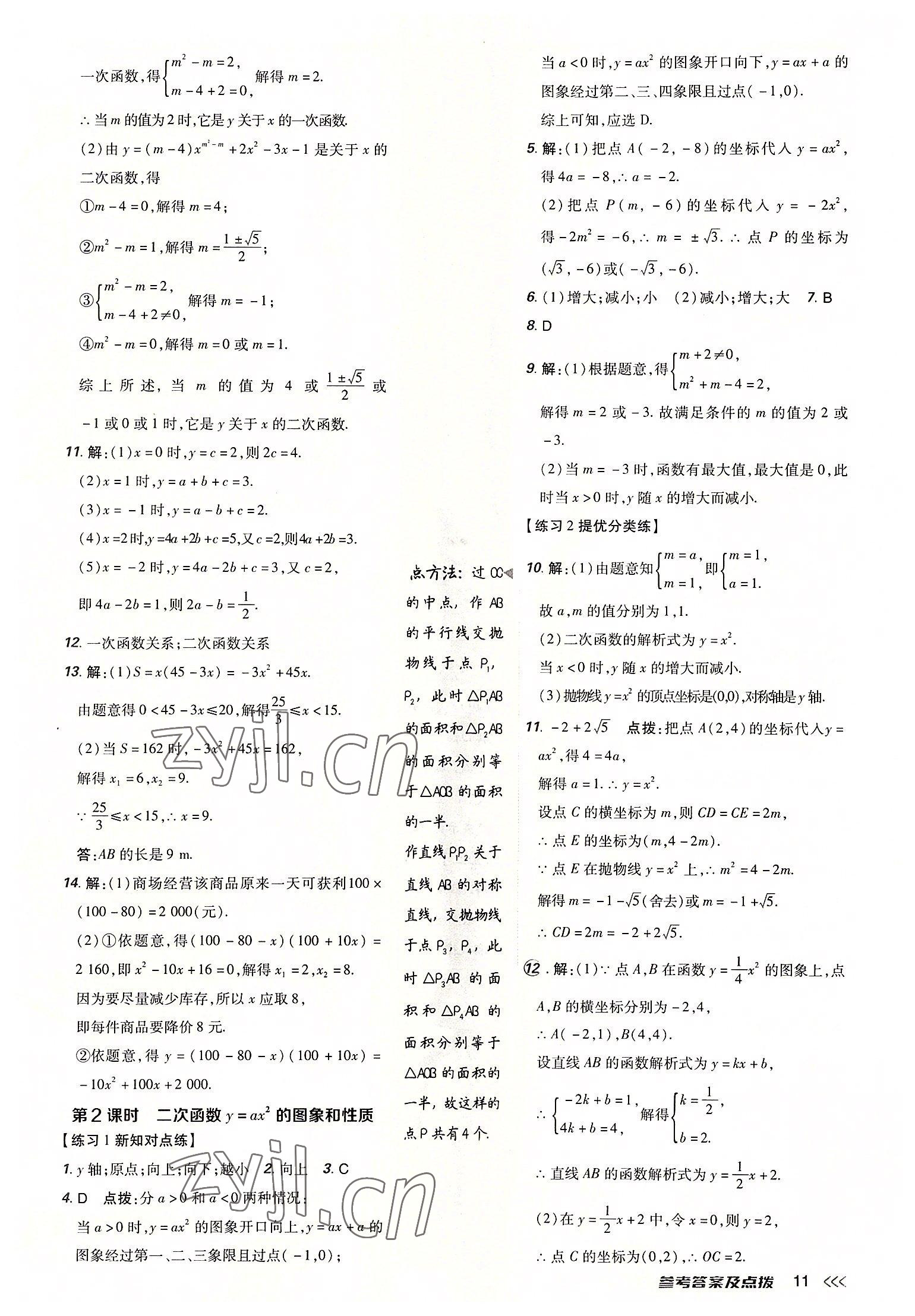 2022年點(diǎn)撥訓(xùn)練九年級數(shù)學(xué)上冊人教版 參考答案第10頁