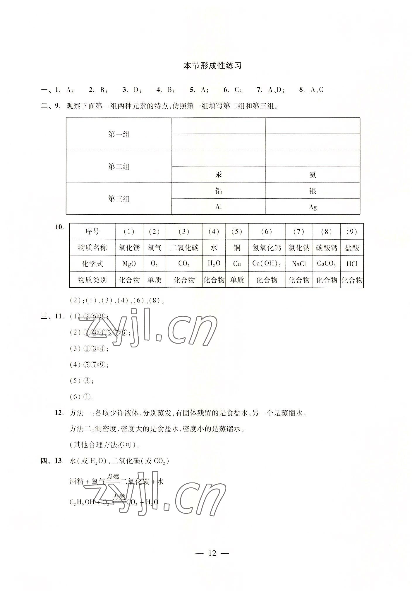 2022年雙基過(guò)關(guān)隨堂練九年級(jí)化學(xué)全一冊(cè)滬教版五四制 參考答案第12頁(yè)