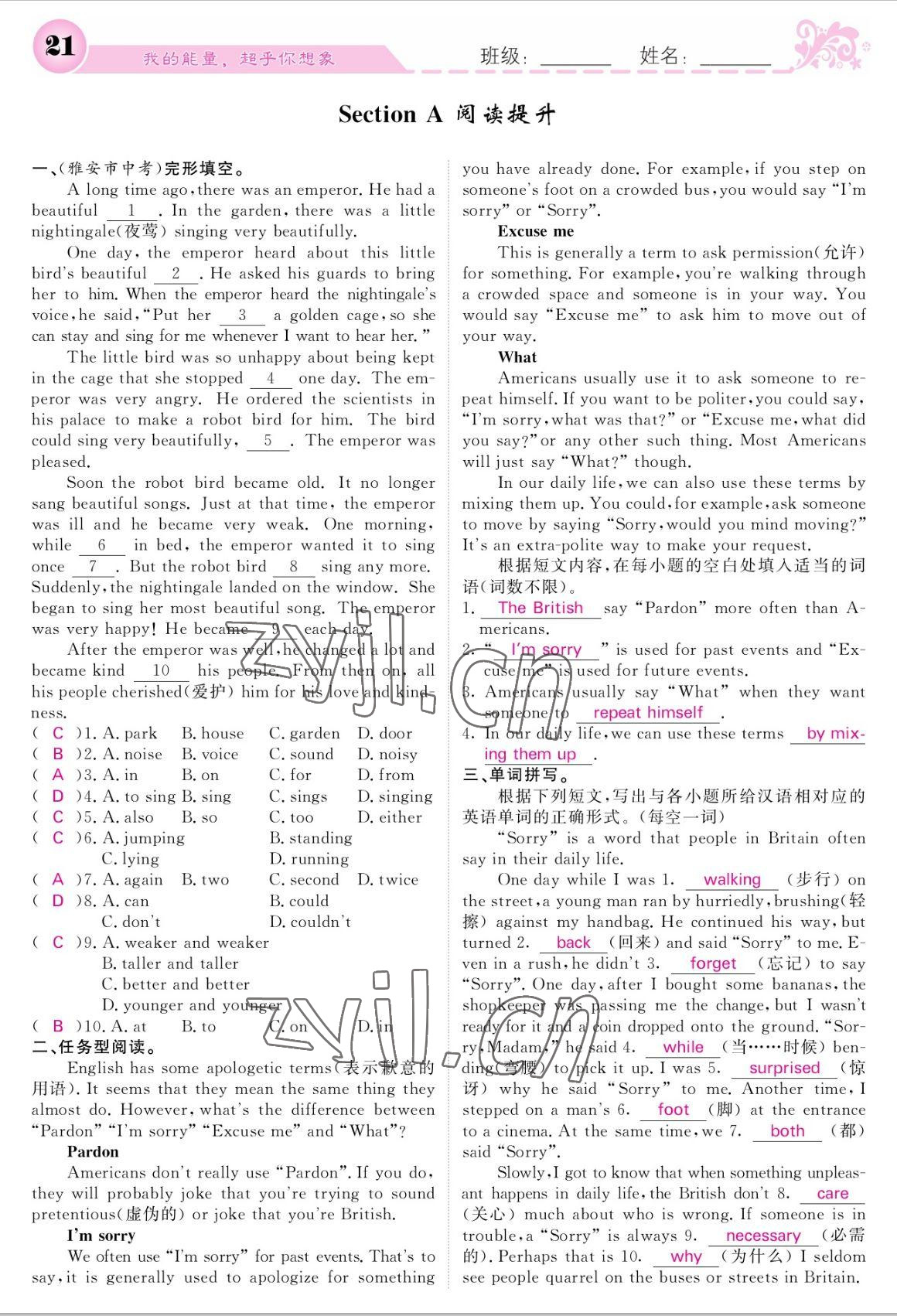 2022年課堂點(diǎn)睛九年級(jí)英語(yǔ)上冊(cè)人教版寧夏專(zhuān)版 參考答案第21頁(yè)