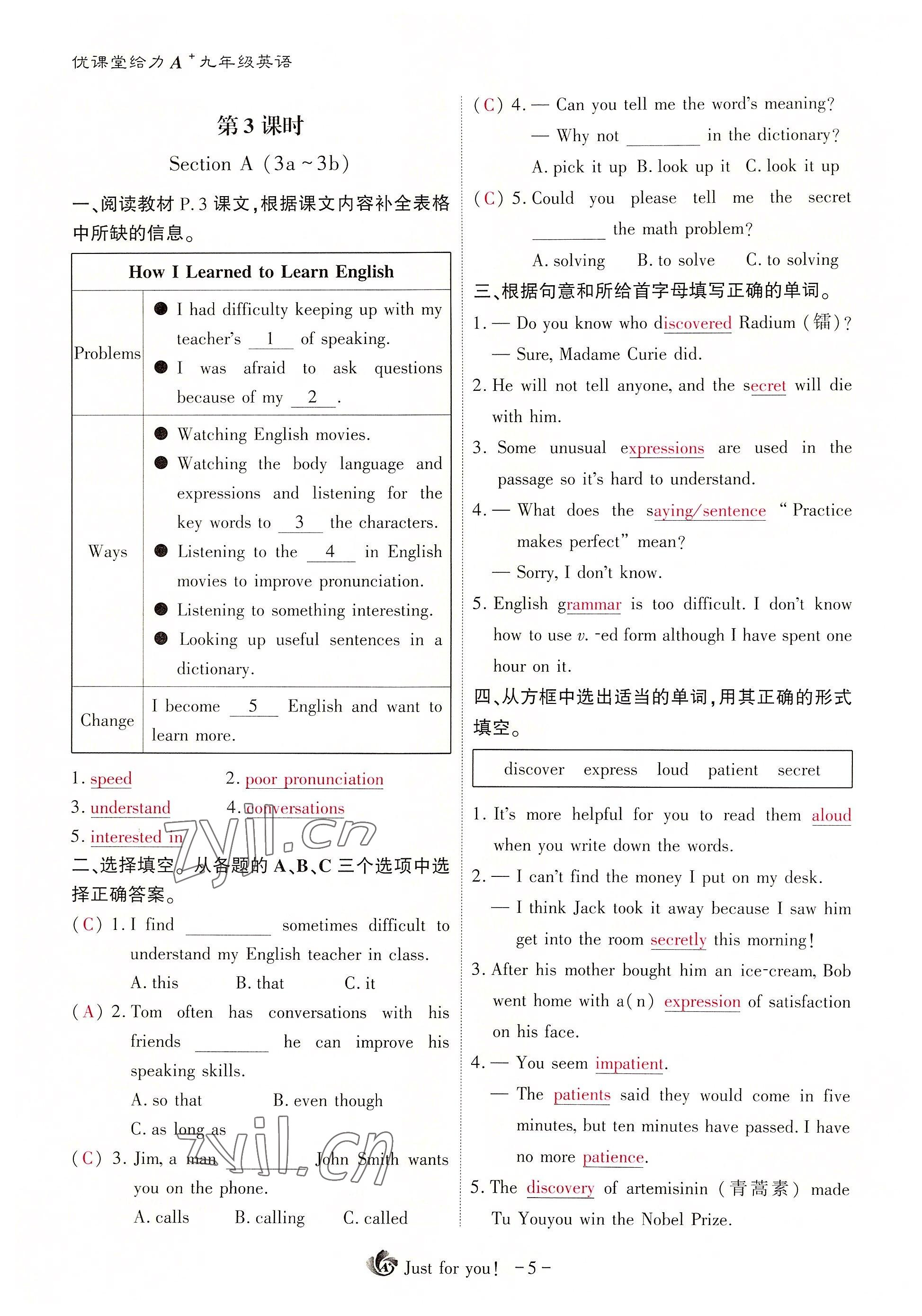 2022年優(yōu)課堂給力A加九年級英語全一冊人教版 參考答案第15頁