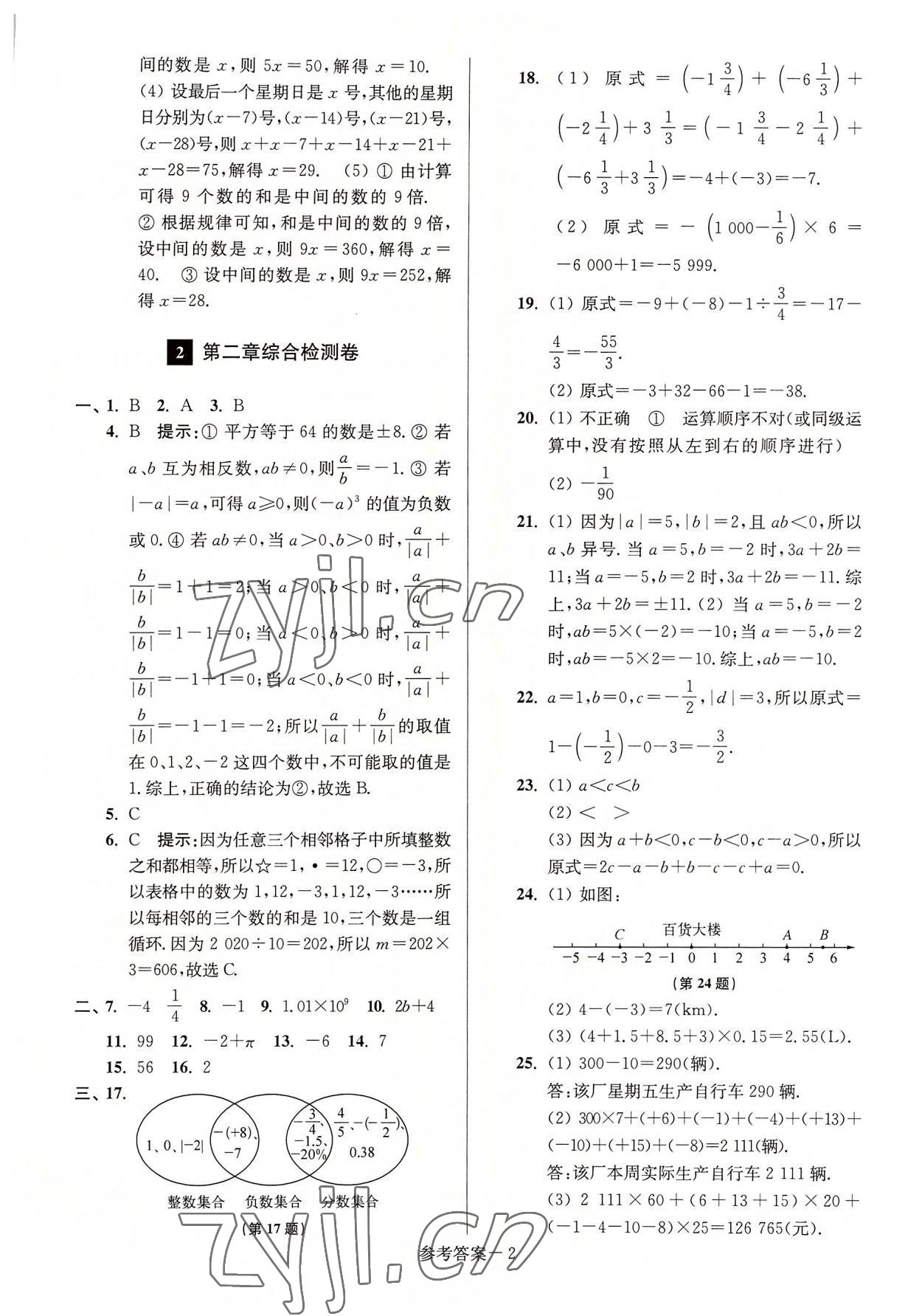 2022年抢先起跑大试卷江苏美术出版社七年级数学上册江苏版江苏美术出版社 参考答案第2页