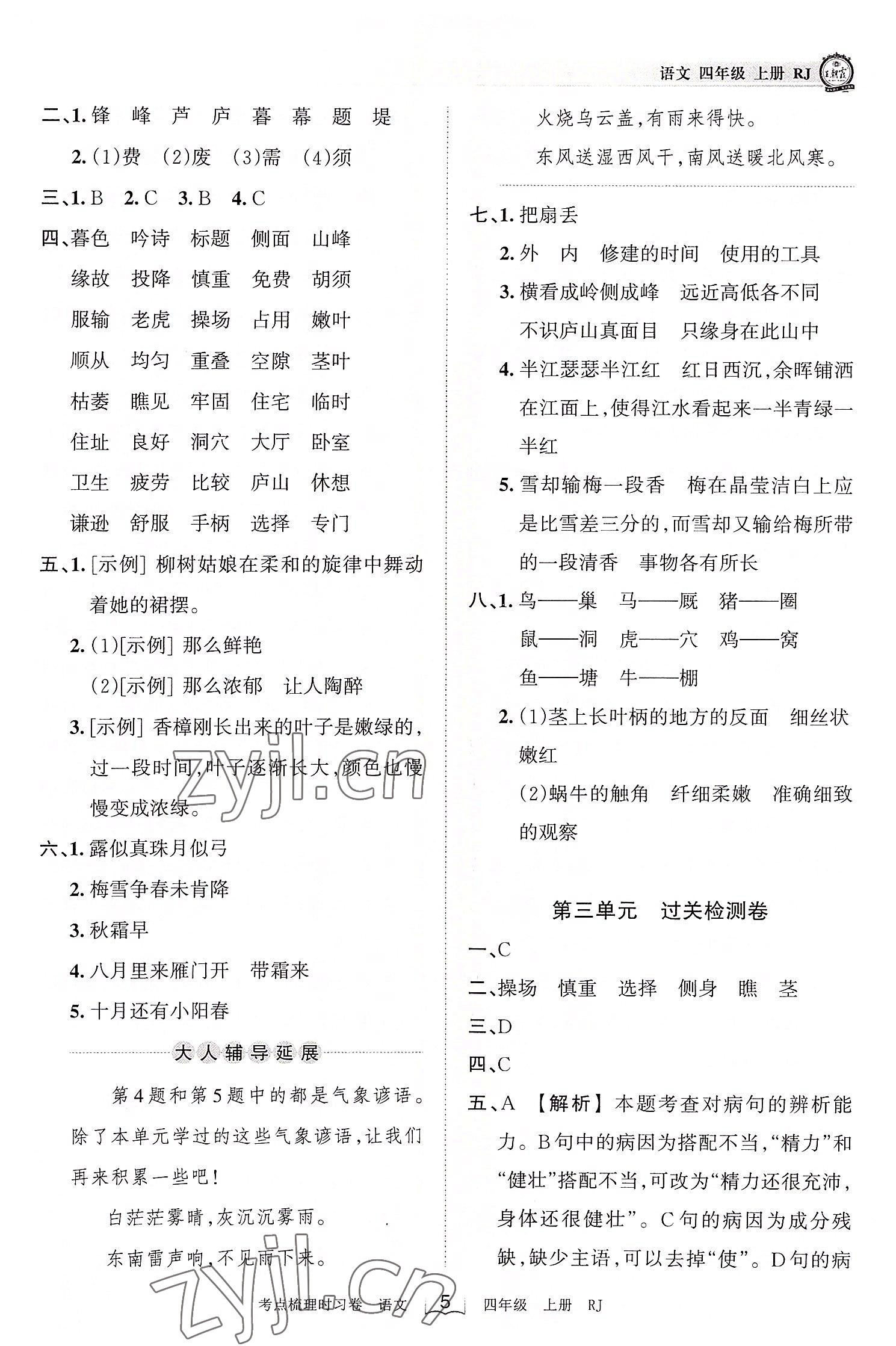 2022年王朝霞考点梳理时习卷四年级语文上册人教版 第5页