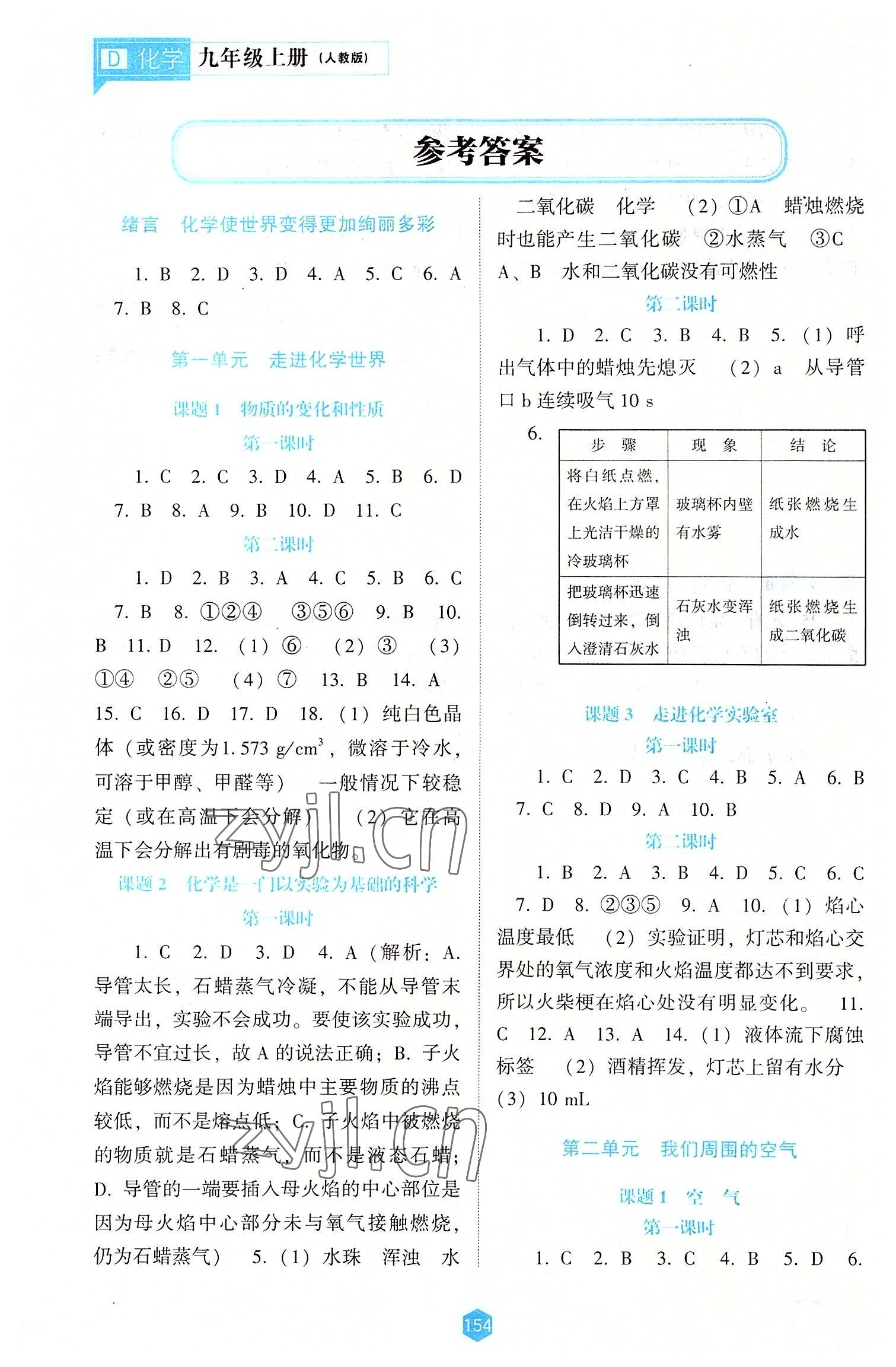 2022年新课程能力培养九年级化学上册人教版大连专版 参考答案第1页