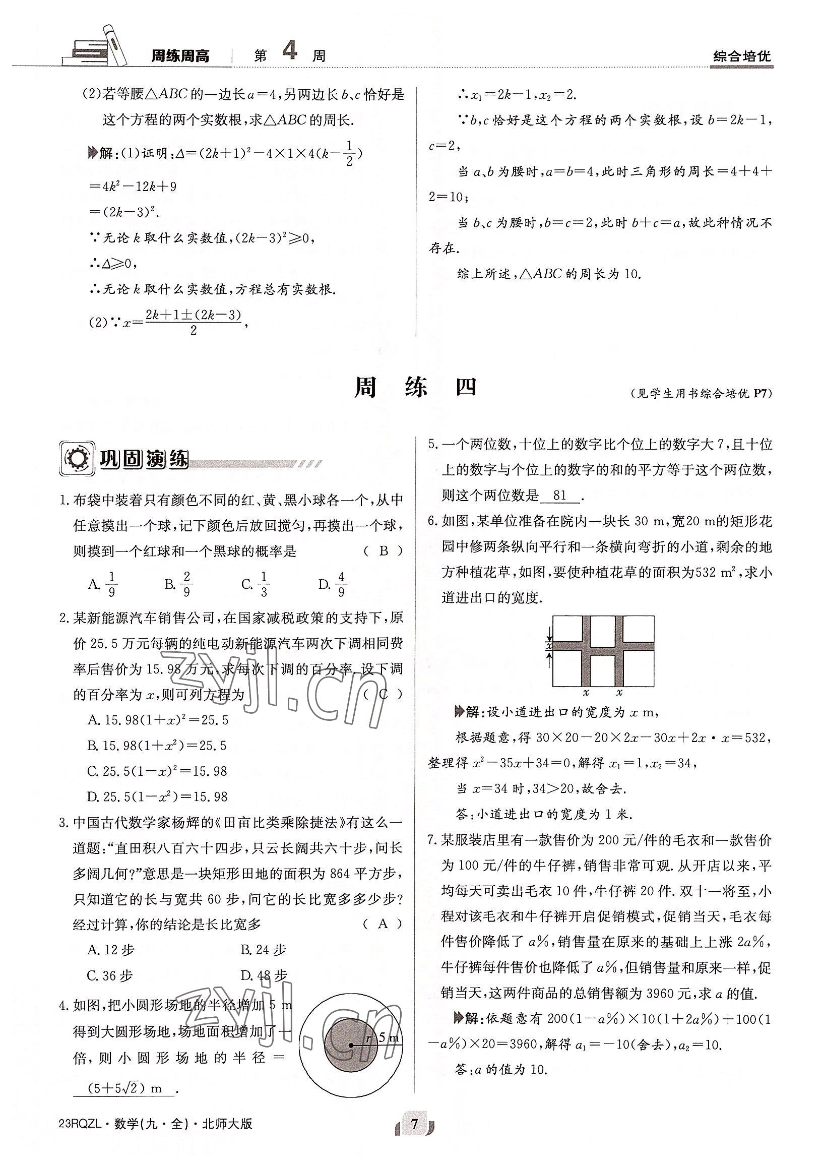 2022年日清周练九年级数学全一册北师大版 参考答案第7页
