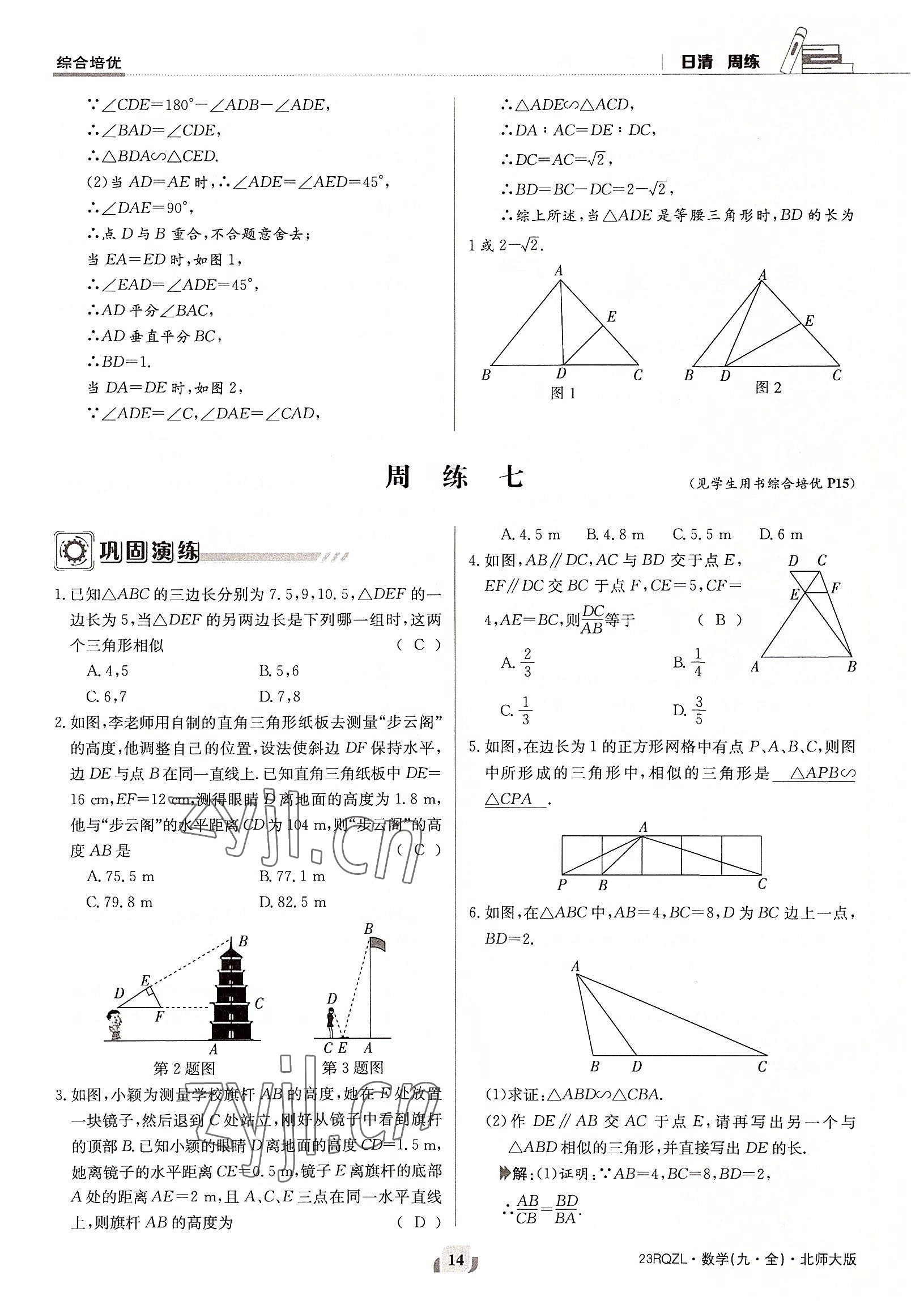 2022年日清周练九年级数学全一册北师大版 参考答案第14页
