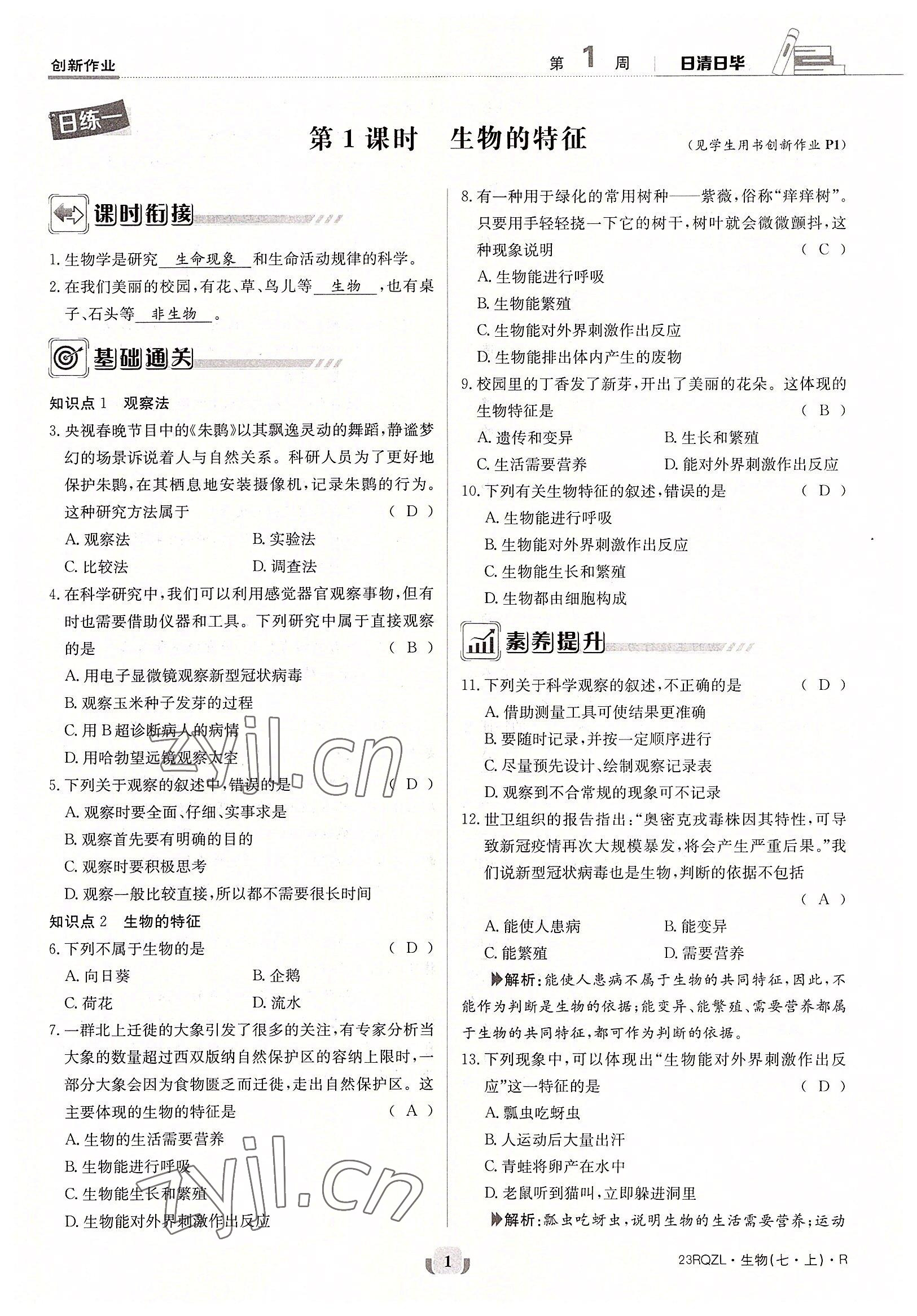 2022年日清周練七年級生物上冊人教版 參考答案第1頁