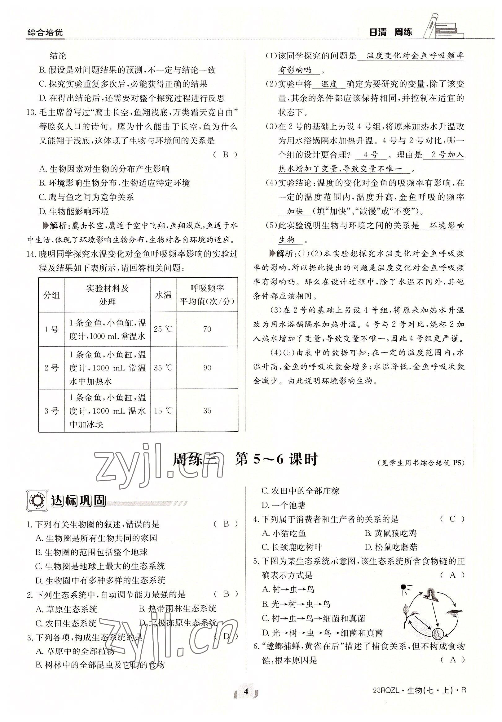 2022年日清周練七年級生物上冊人教版 參考答案第4頁