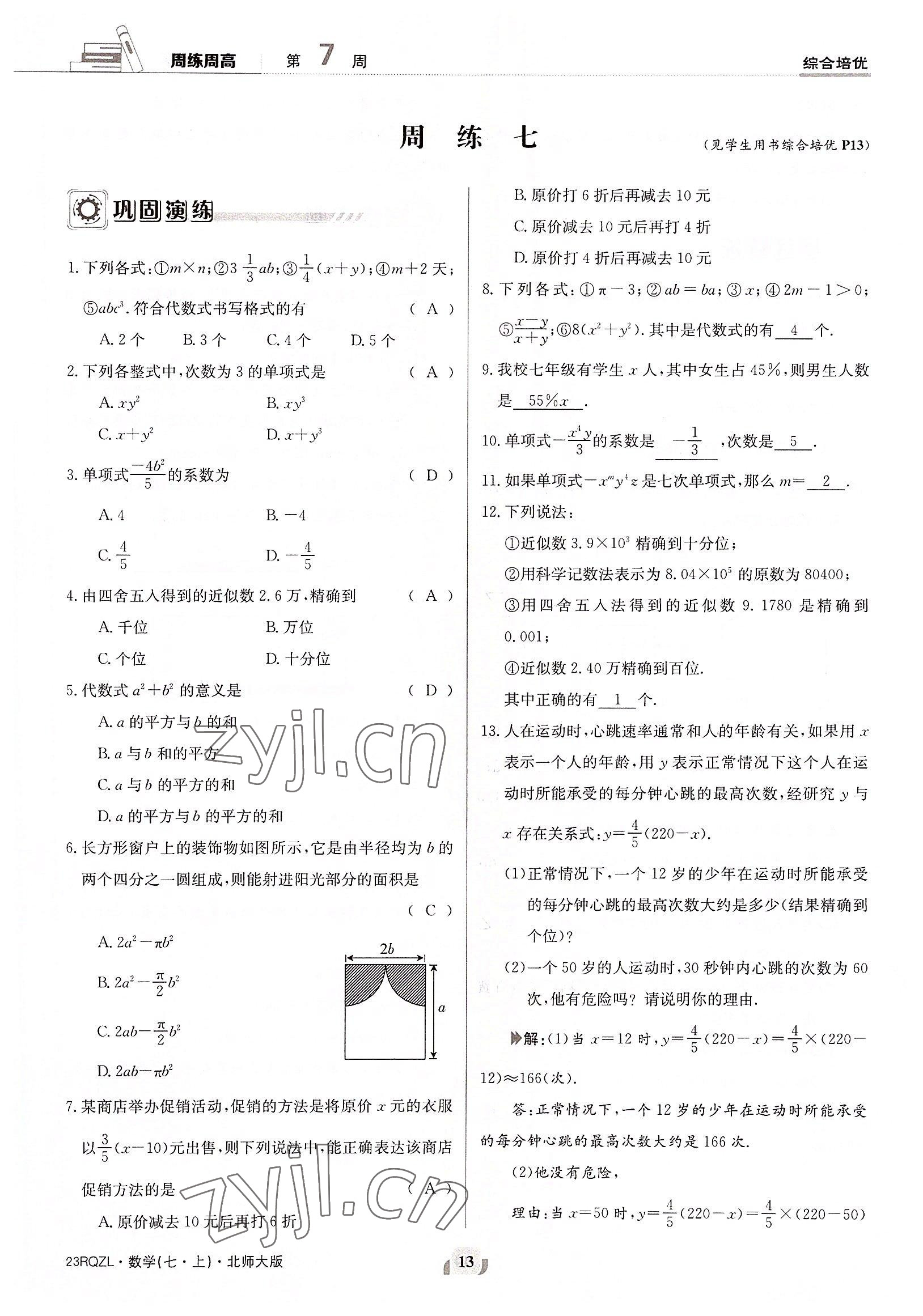 2022年日清周練七年級(jí)數(shù)學(xué)上冊(cè)北師大版 參考答案第13頁(yè)