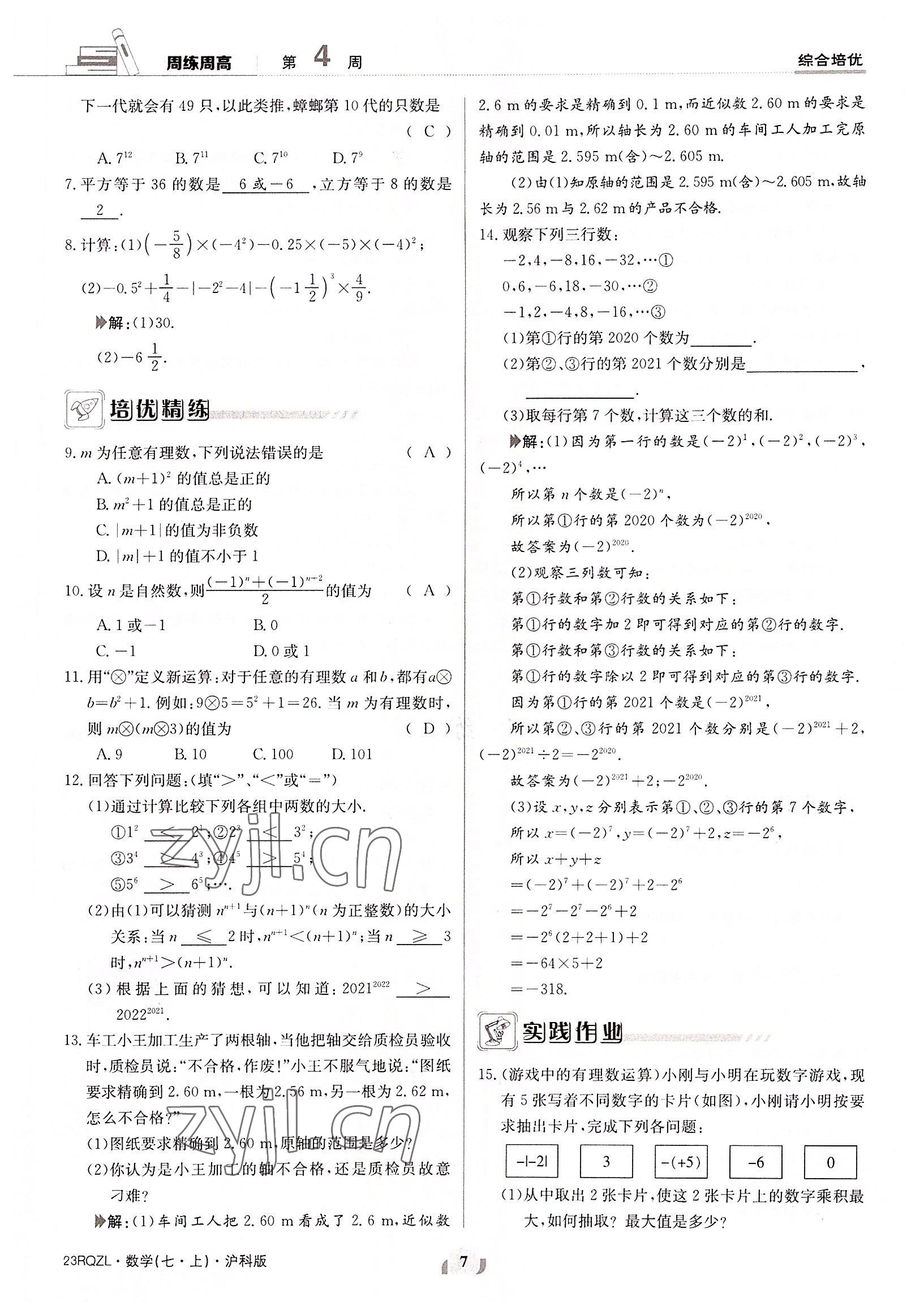 2022年日清周练七年级数学上册沪科版 参考答案第7页