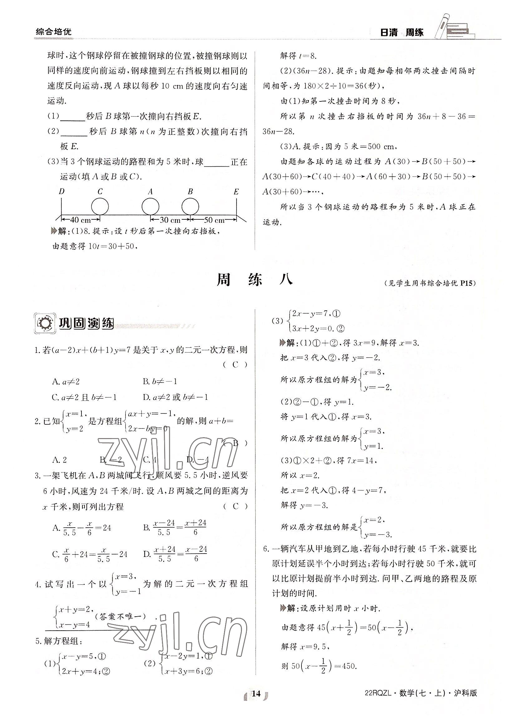 2022年日清周练七年级数学上册沪科版 参考答案第14页