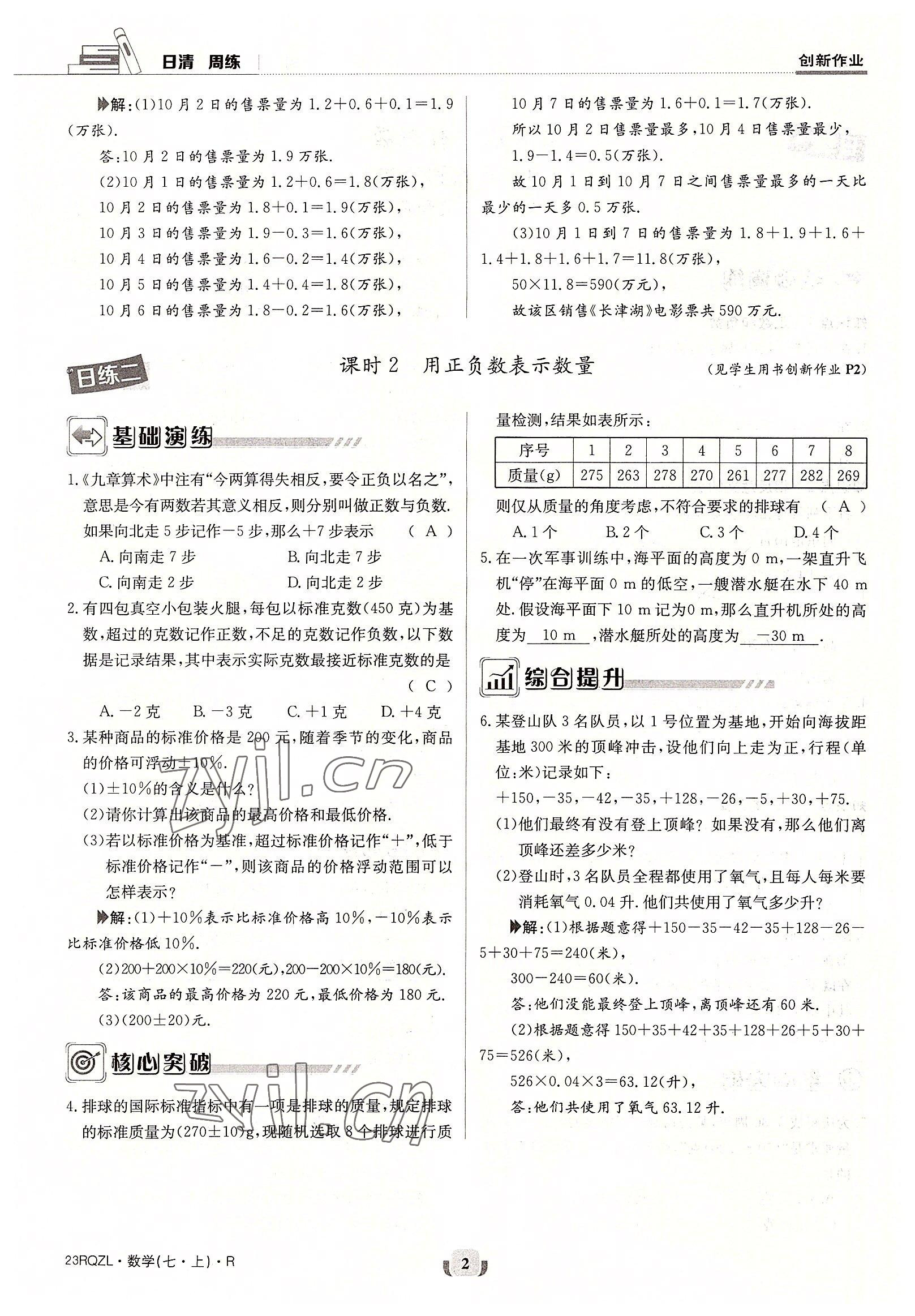 2022年日清周練七年級數(shù)學上冊人教版 參考答案第2頁