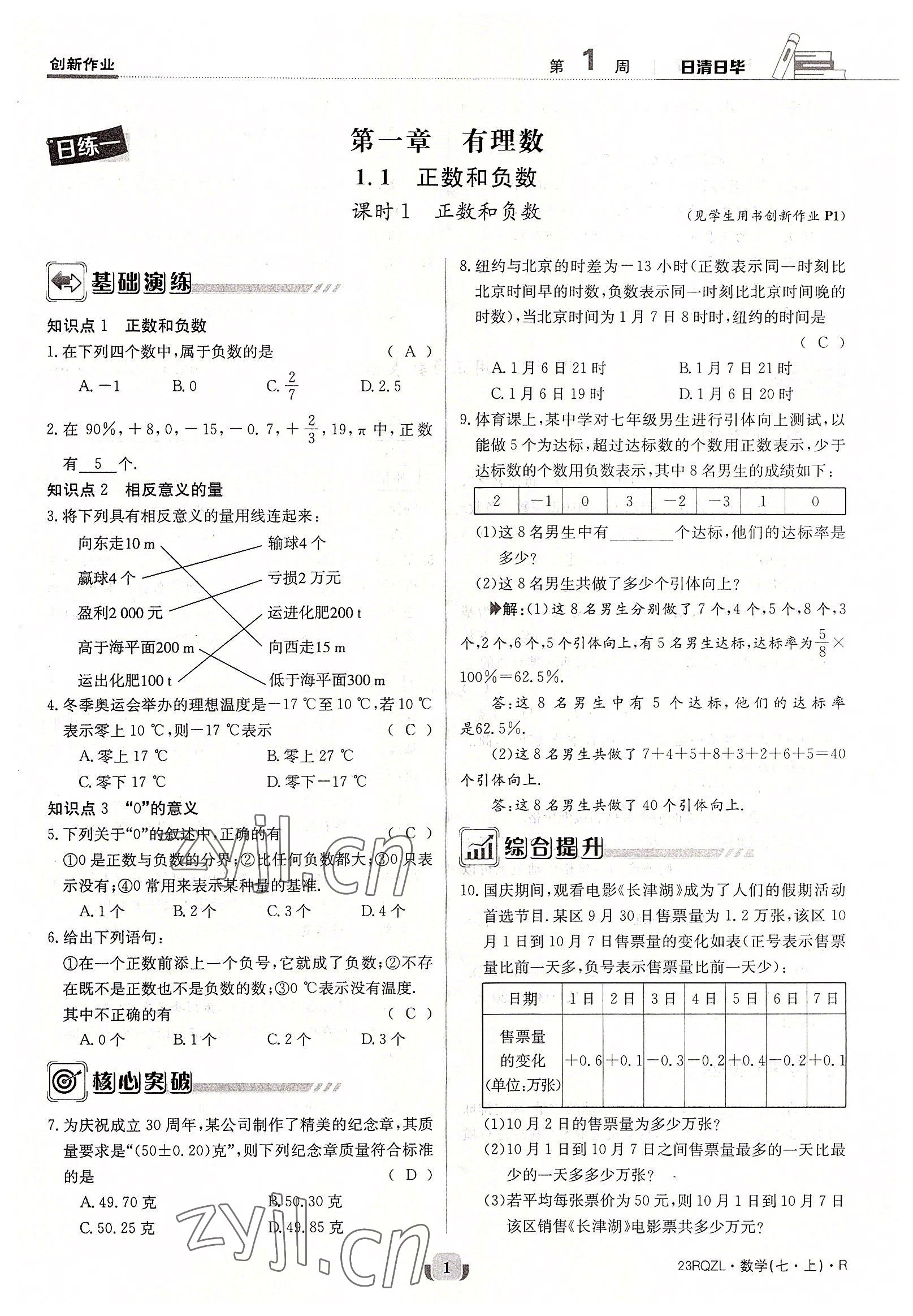 2022年日清周練七年級數(shù)學(xué)上冊人教版 參考答案第1頁