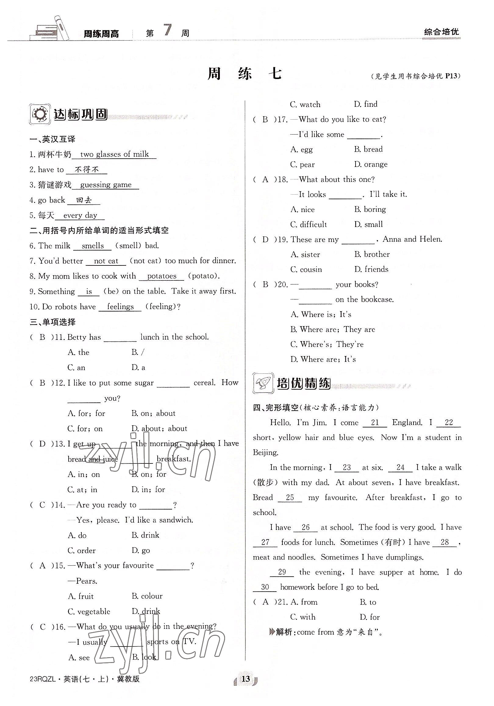 2022年日清周練七年級英語上冊冀教版 參考答案第13頁