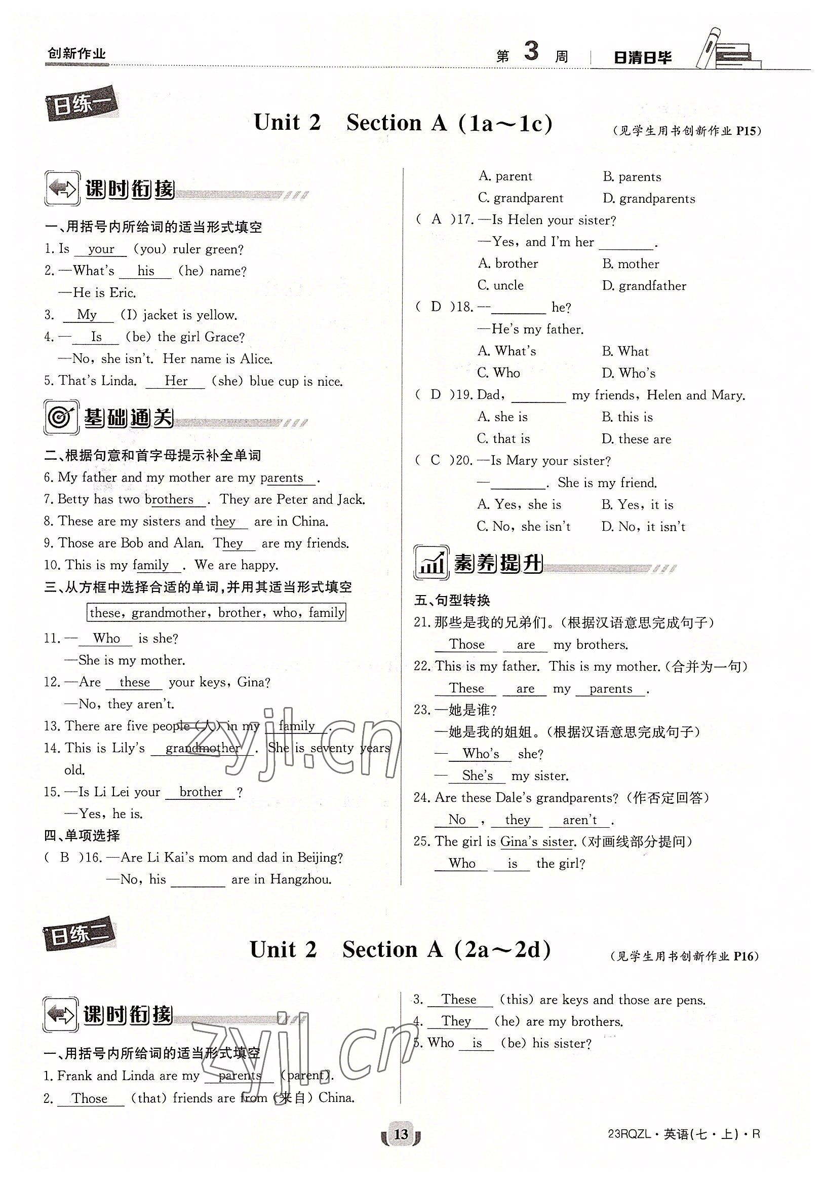 2022年日清周練七年級(jí)英語上冊(cè)人教版 參考答案第13頁