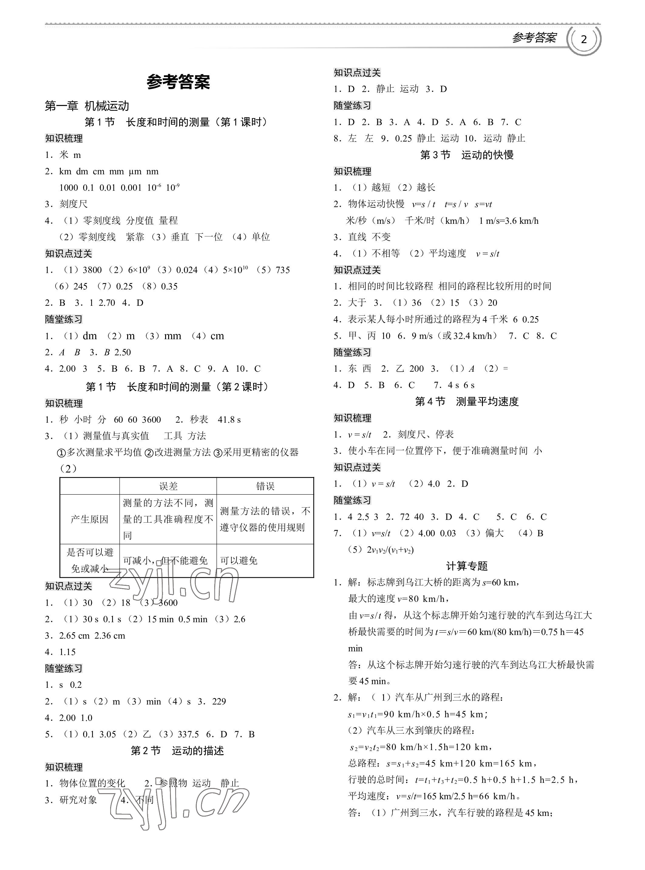 2022年導(dǎo)思學(xué)案八年級(jí)物理上冊(cè)人教版深圳專版 參考答案第1頁(yè)