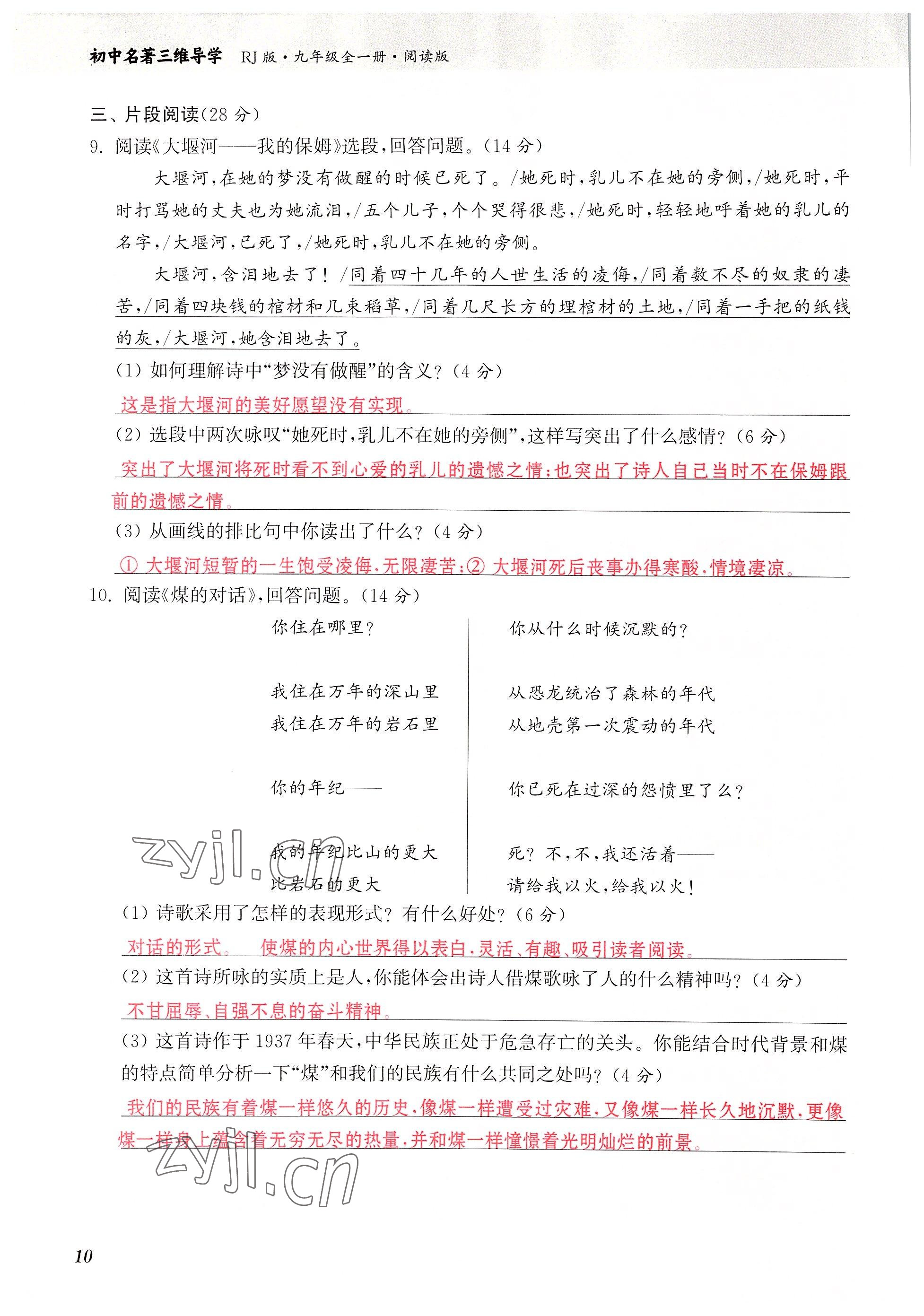 2022年初中名著三维导学九年级语文全一册人教版 参考答案第10页