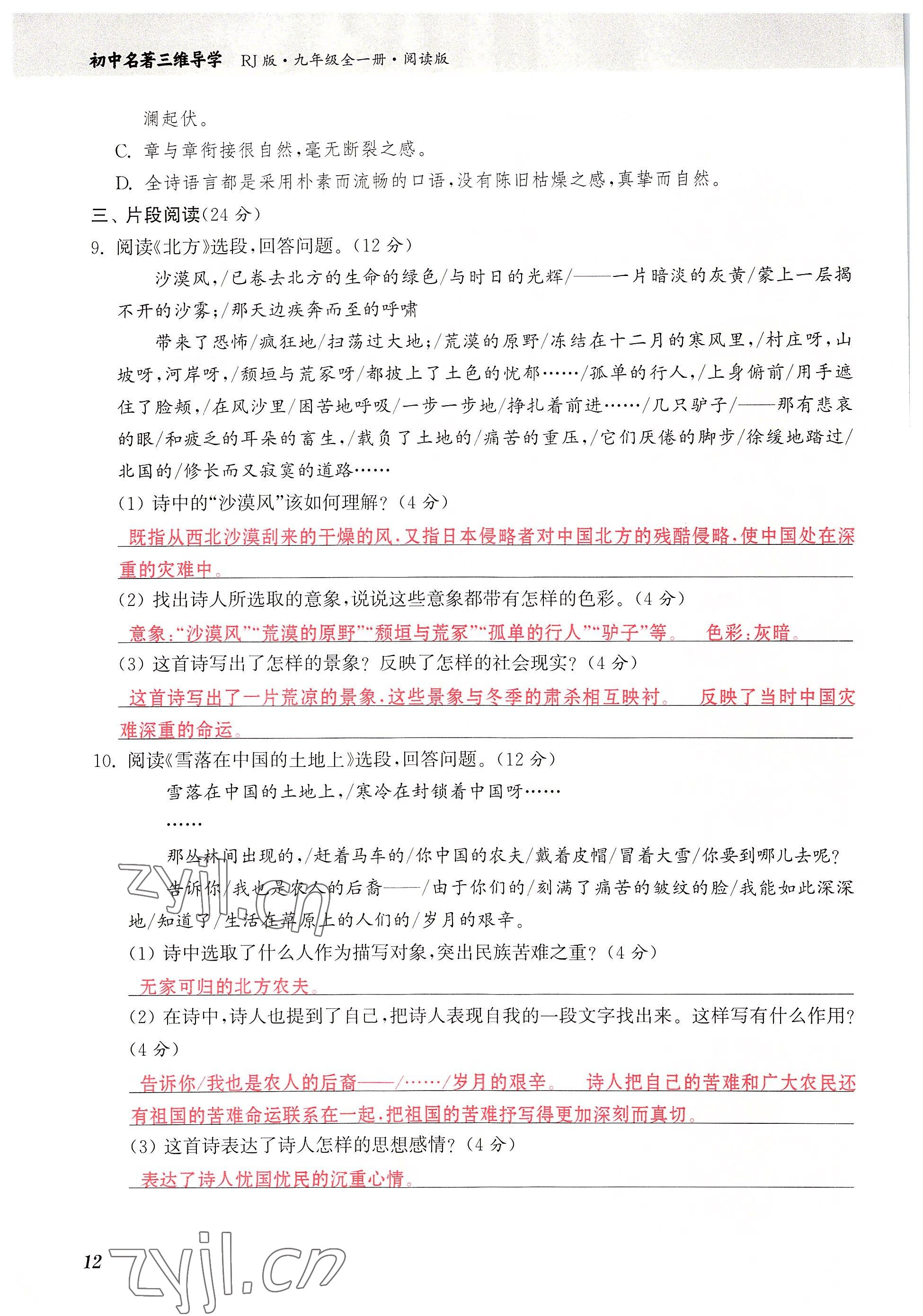 2022年初中名著三维导学九年级语文全一册人教版 参考答案第12页