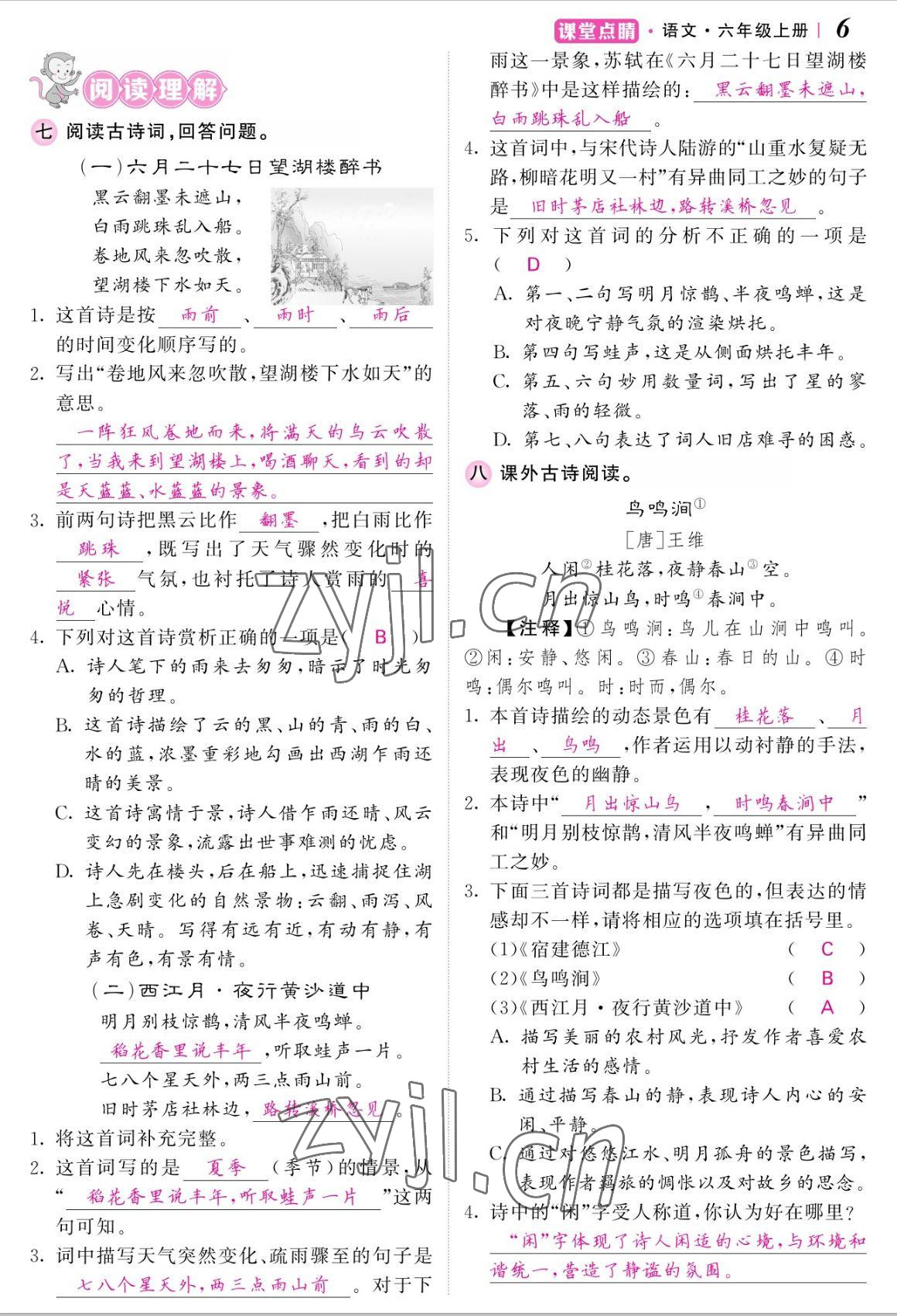 2022年课堂点睛六年级语文上册人教版湖南专版 参考答案第6页