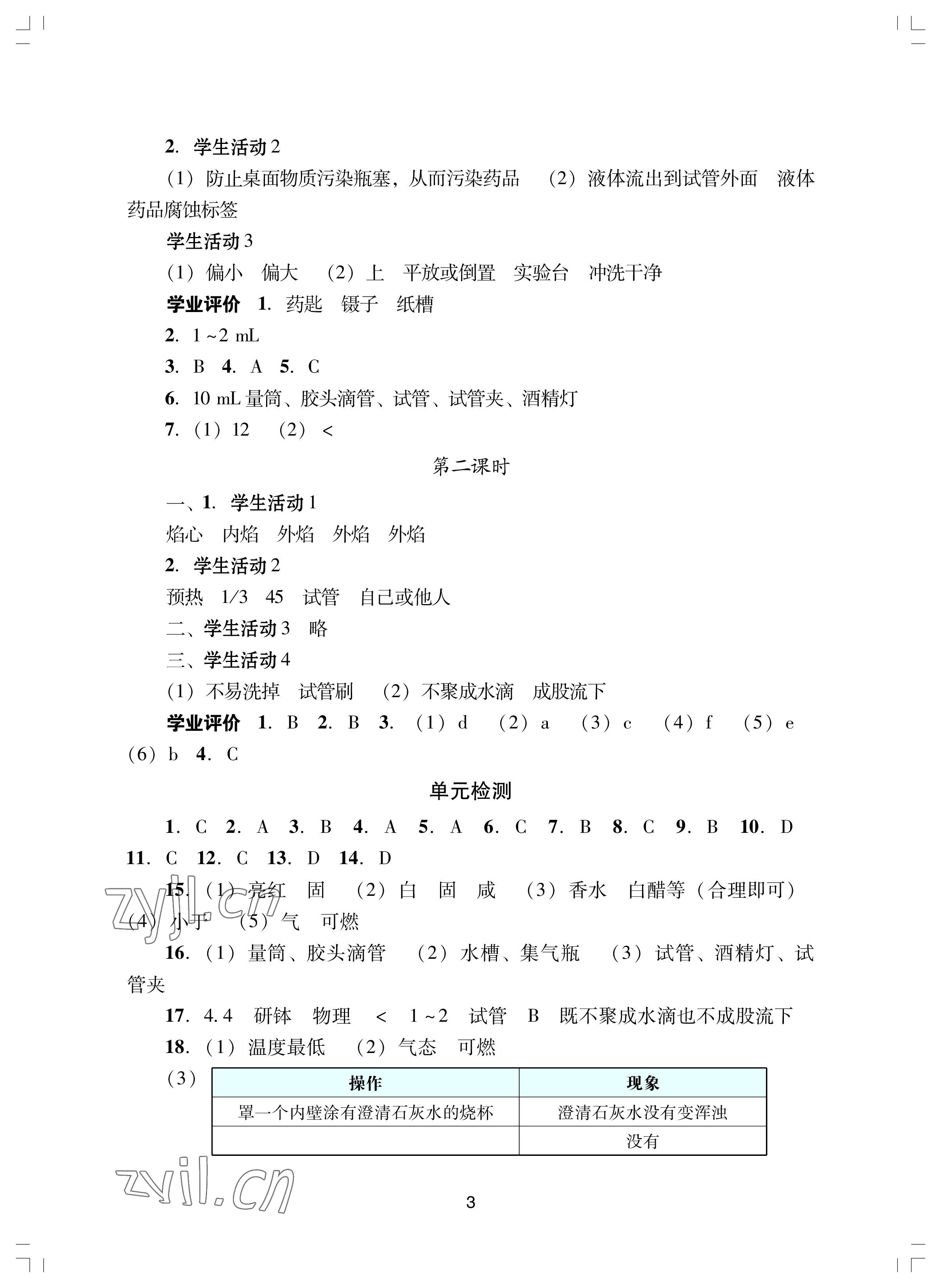 2022年陽光學(xué)業(yè)評價九年級化學(xué)上冊人教版 參考答案第3頁