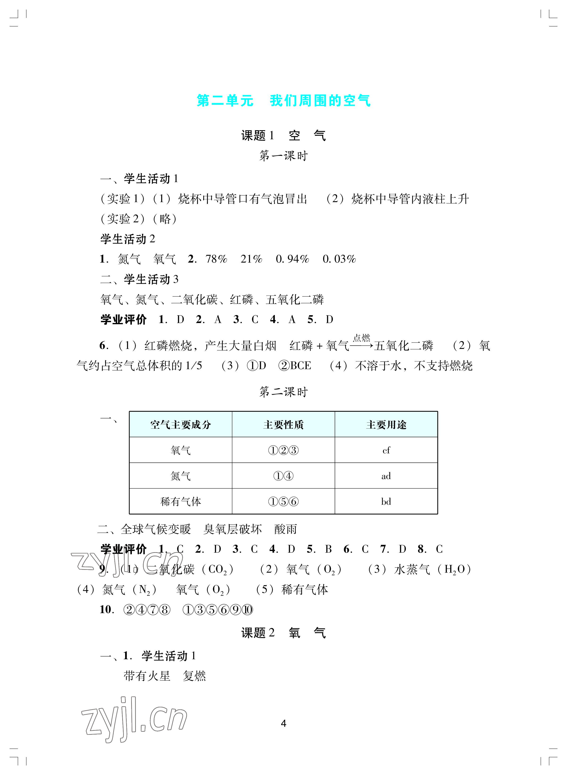 2022年阳光学业评价九年级化学上册人教版 参考答案第4页