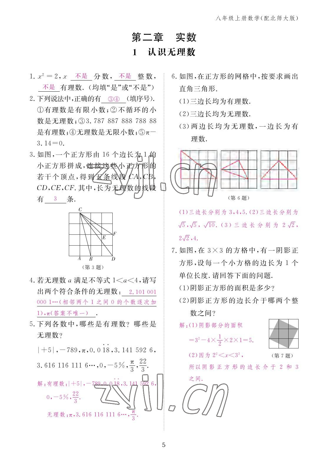 2022年作业本江西教育出版社八年级数学上册北师大版 参考答案第5页