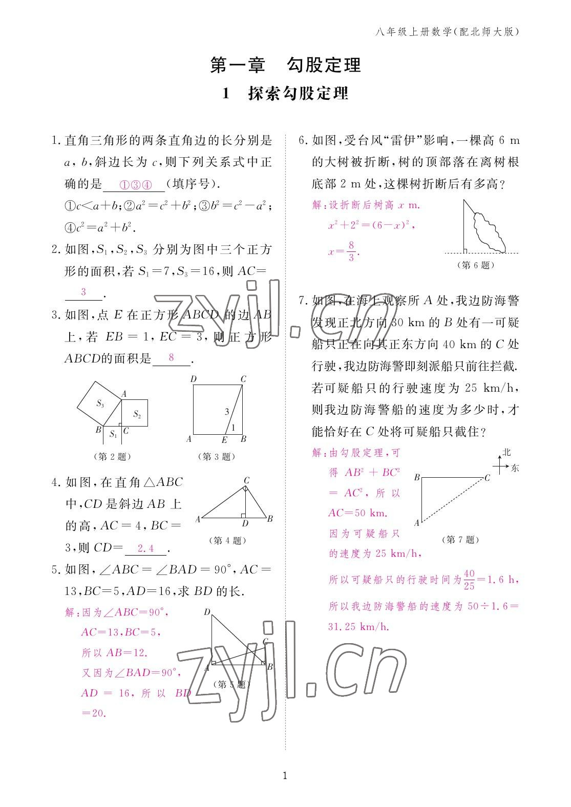 2022年作业本江西教育出版社八年级数学上册北师大版 参考答案第1页