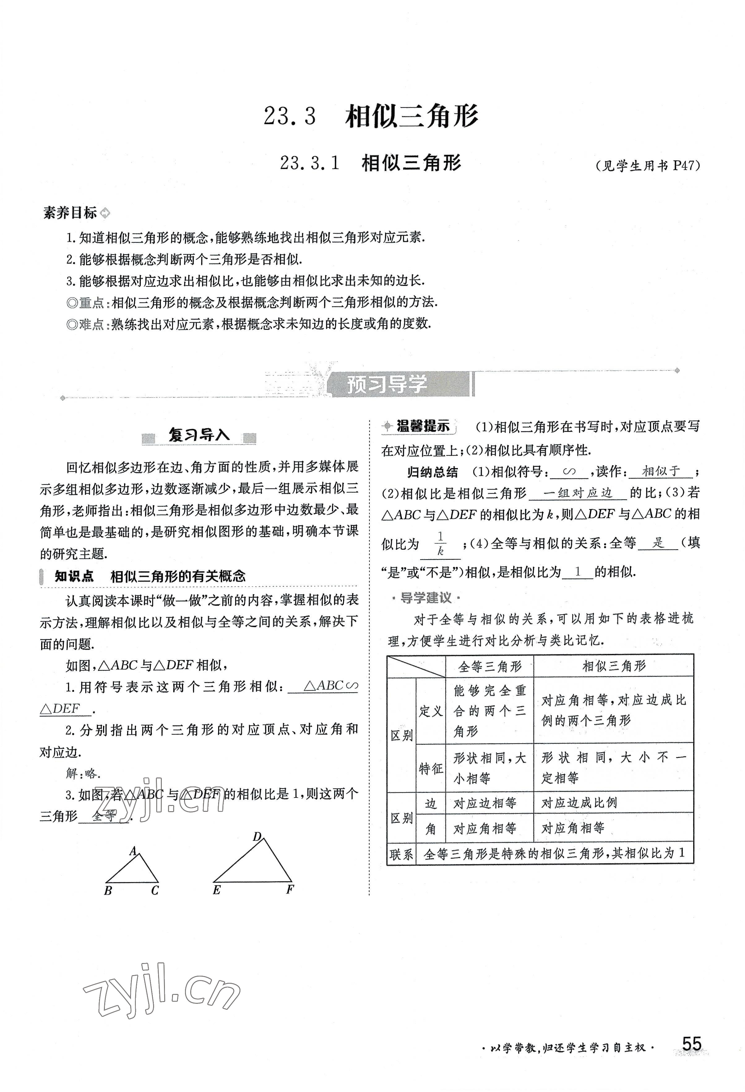 2022年金太陽導(dǎo)學(xué)案九年級數(shù)學(xué)全一冊華師大版 參考答案第55頁