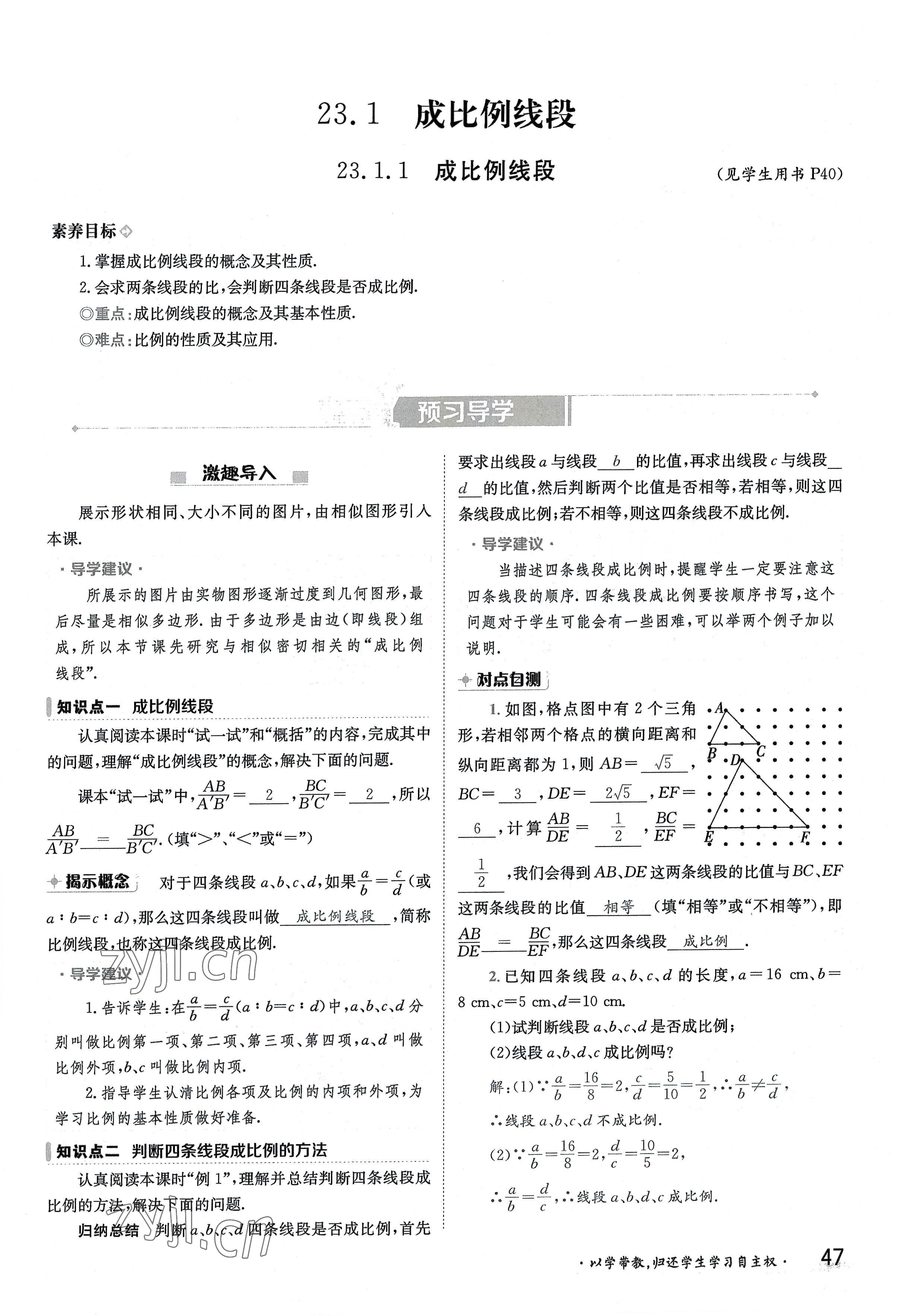 2022年金太陽導學案九年級數學全一冊華師大版 參考答案第47頁