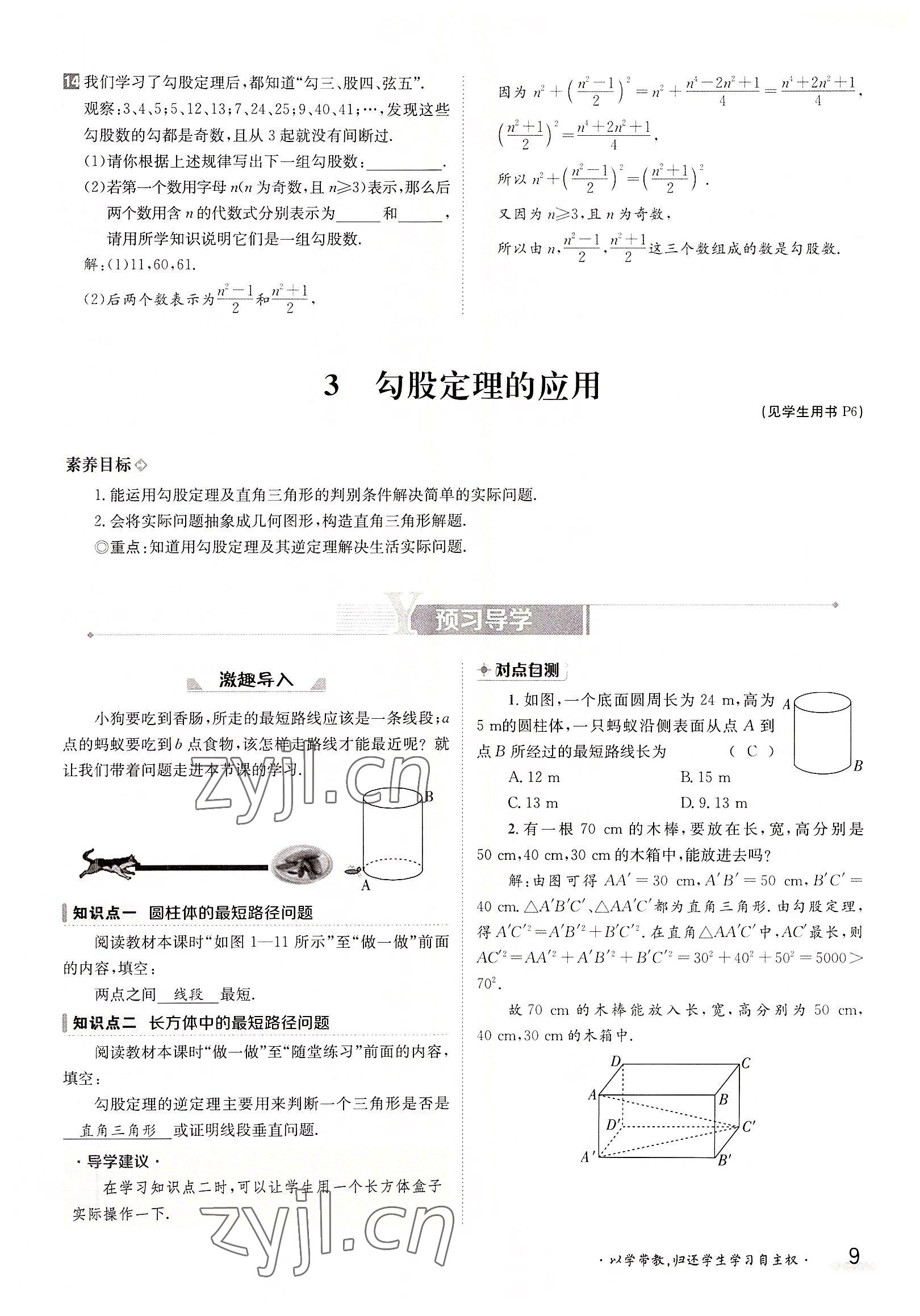 2022年金太阳导学案八年级数学上册北师大版 参考答案第9页