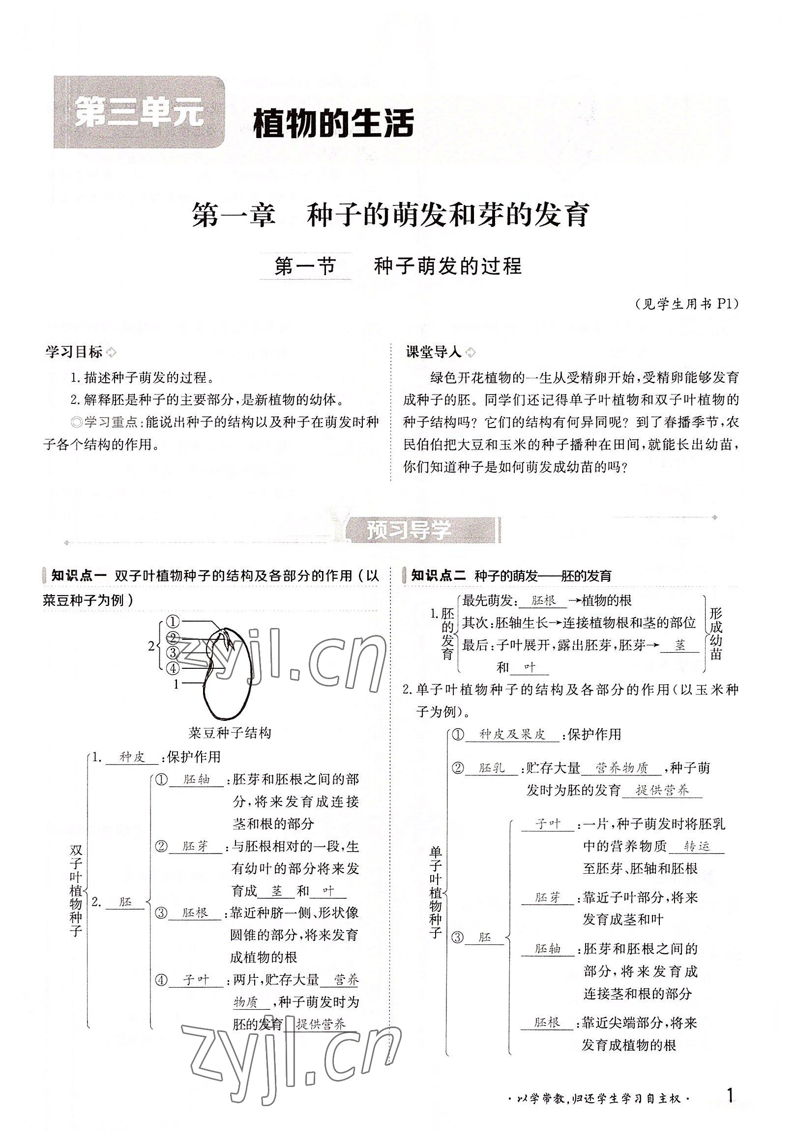 2022年金太阳导学案八年级生物上册冀少版 参考答案第1页