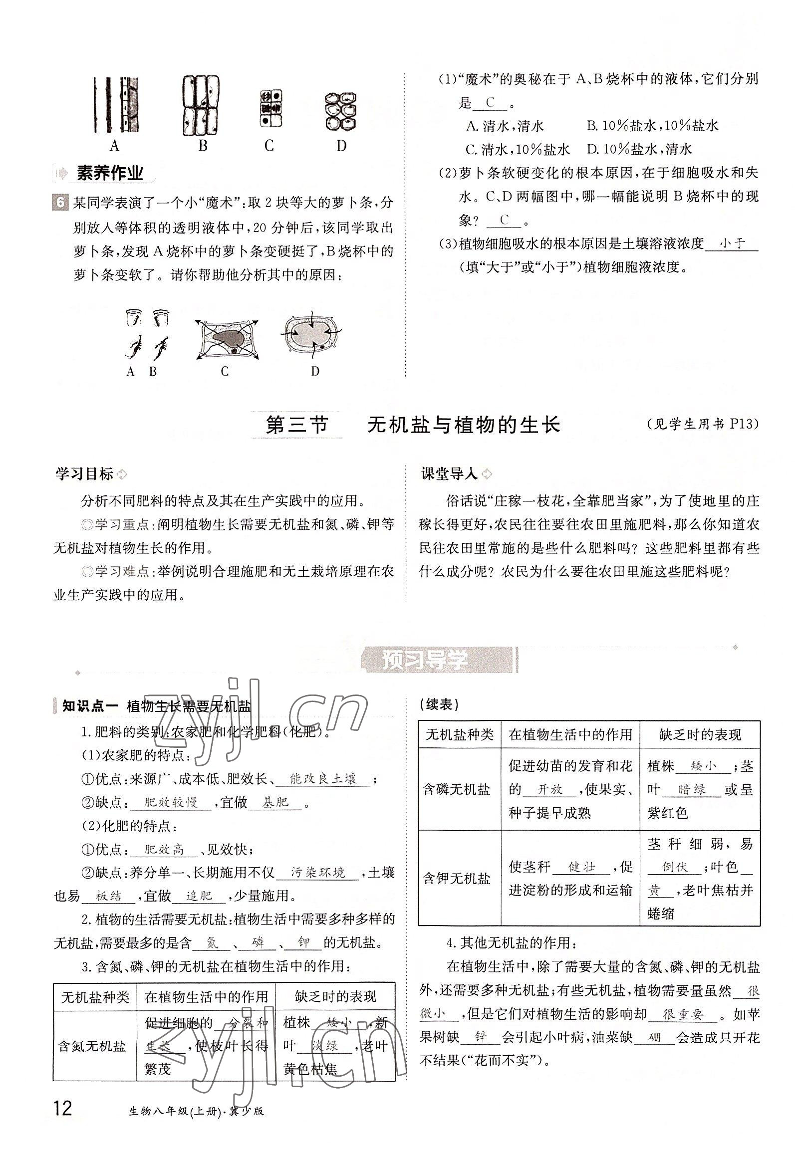 2022年金太阳导学案八年级生物上册冀少版 参考答案第12页