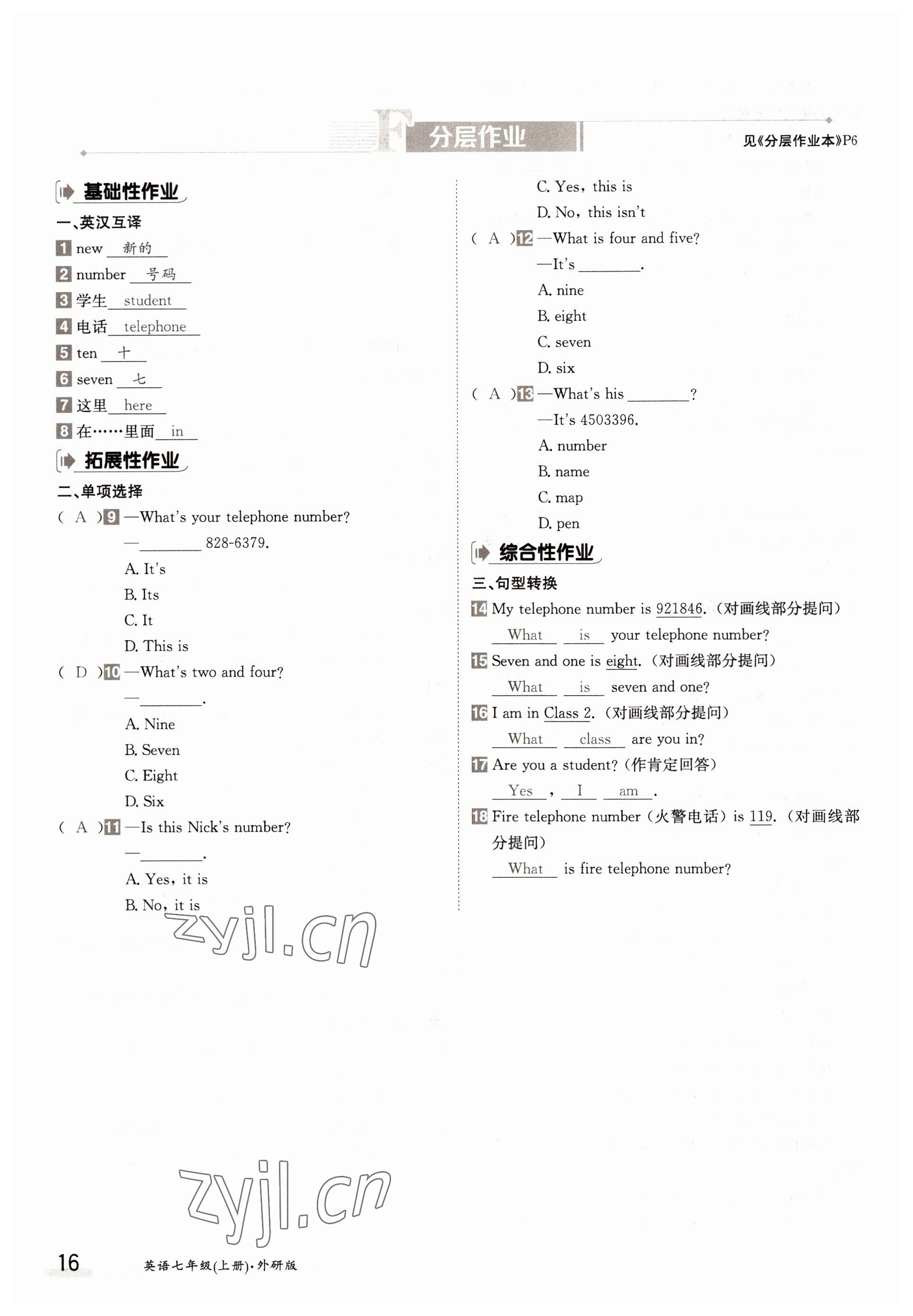 2022年金太陽導(dǎo)學(xué)案七年級英語上冊外研版 參考答案第16頁