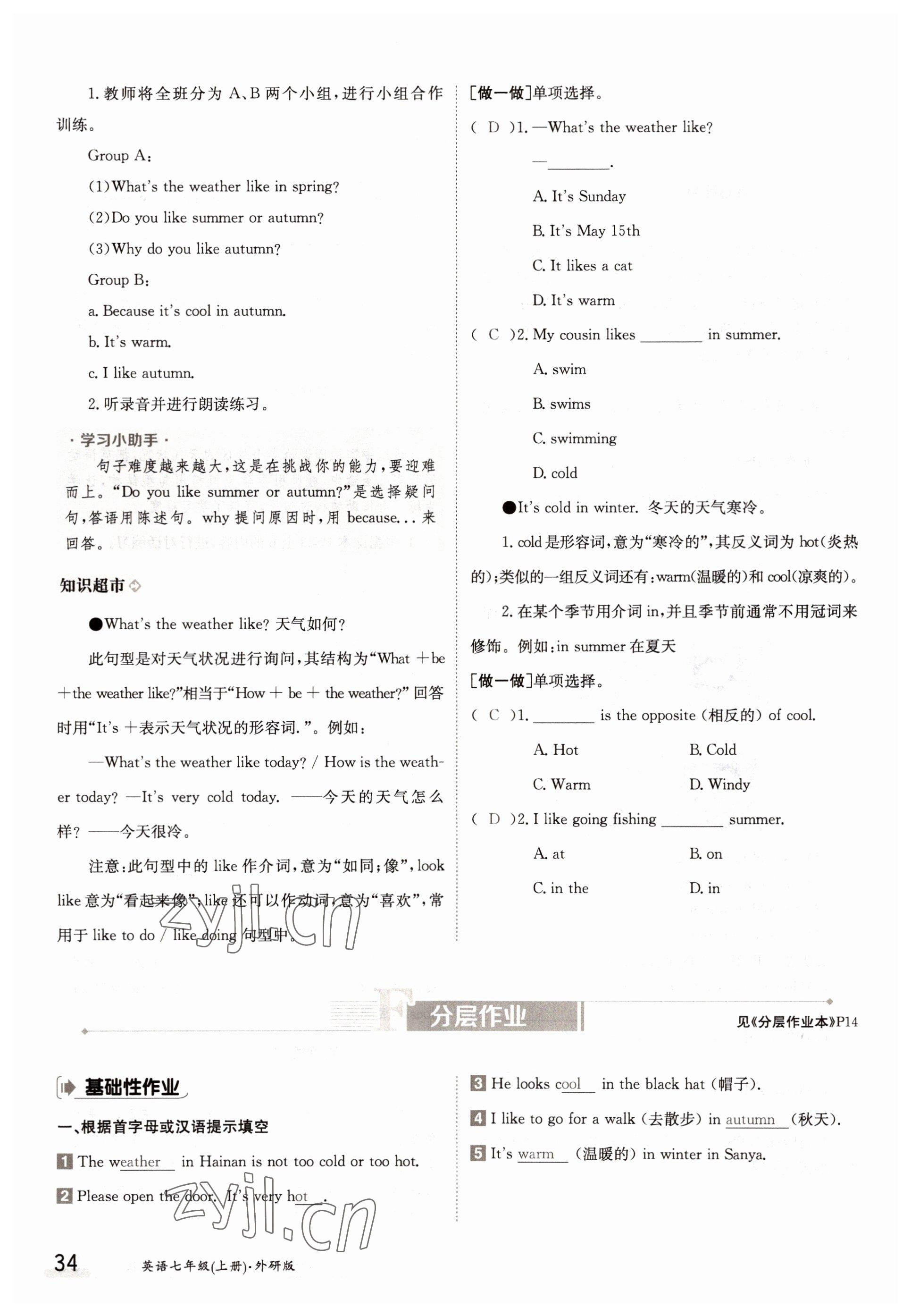 2022年金太陽導(dǎo)學(xué)案七年級英語上冊外研版 參考答案第34頁