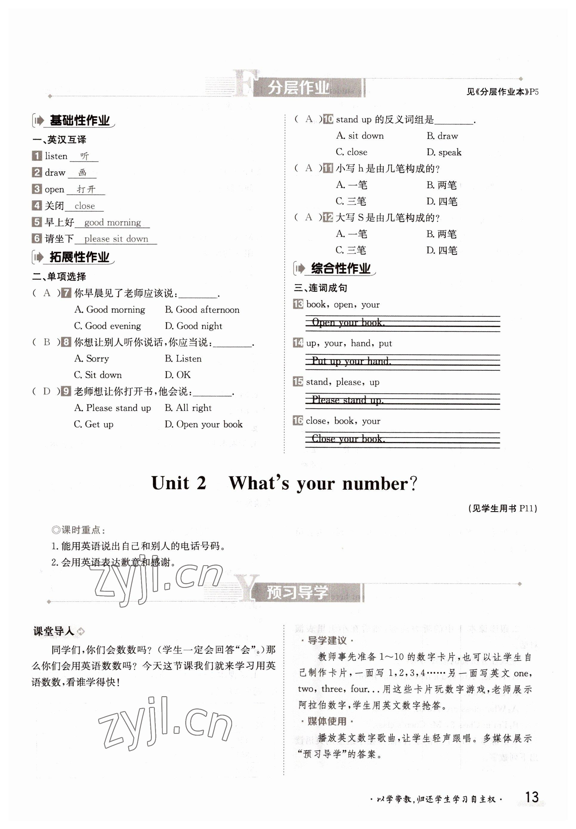 2022年金太陽導學案七年級英語上冊外研版 參考答案第13頁