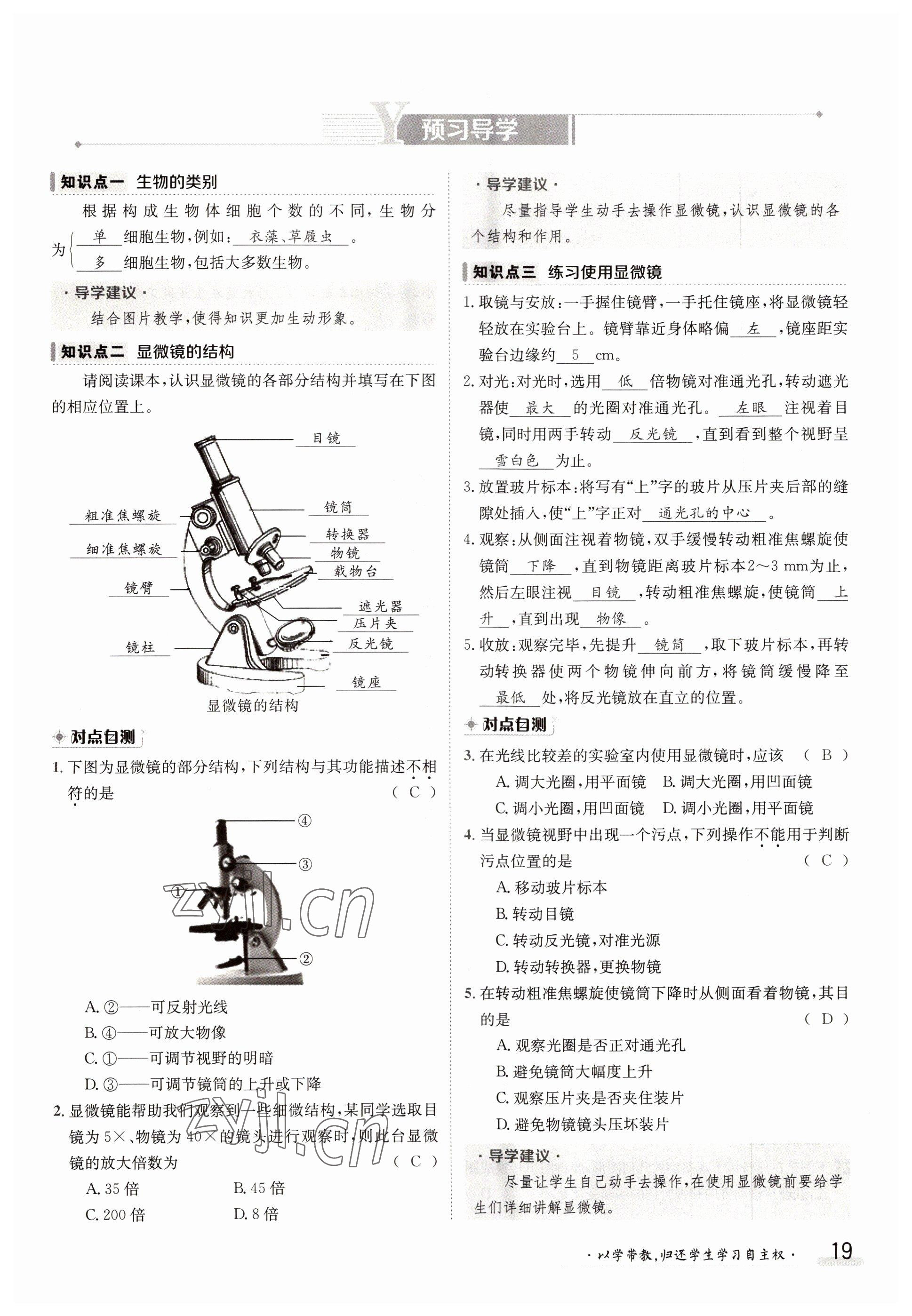 2022年金太陽導(dǎo)學(xué)案七年級生物上冊北師大版 參考答案第19頁