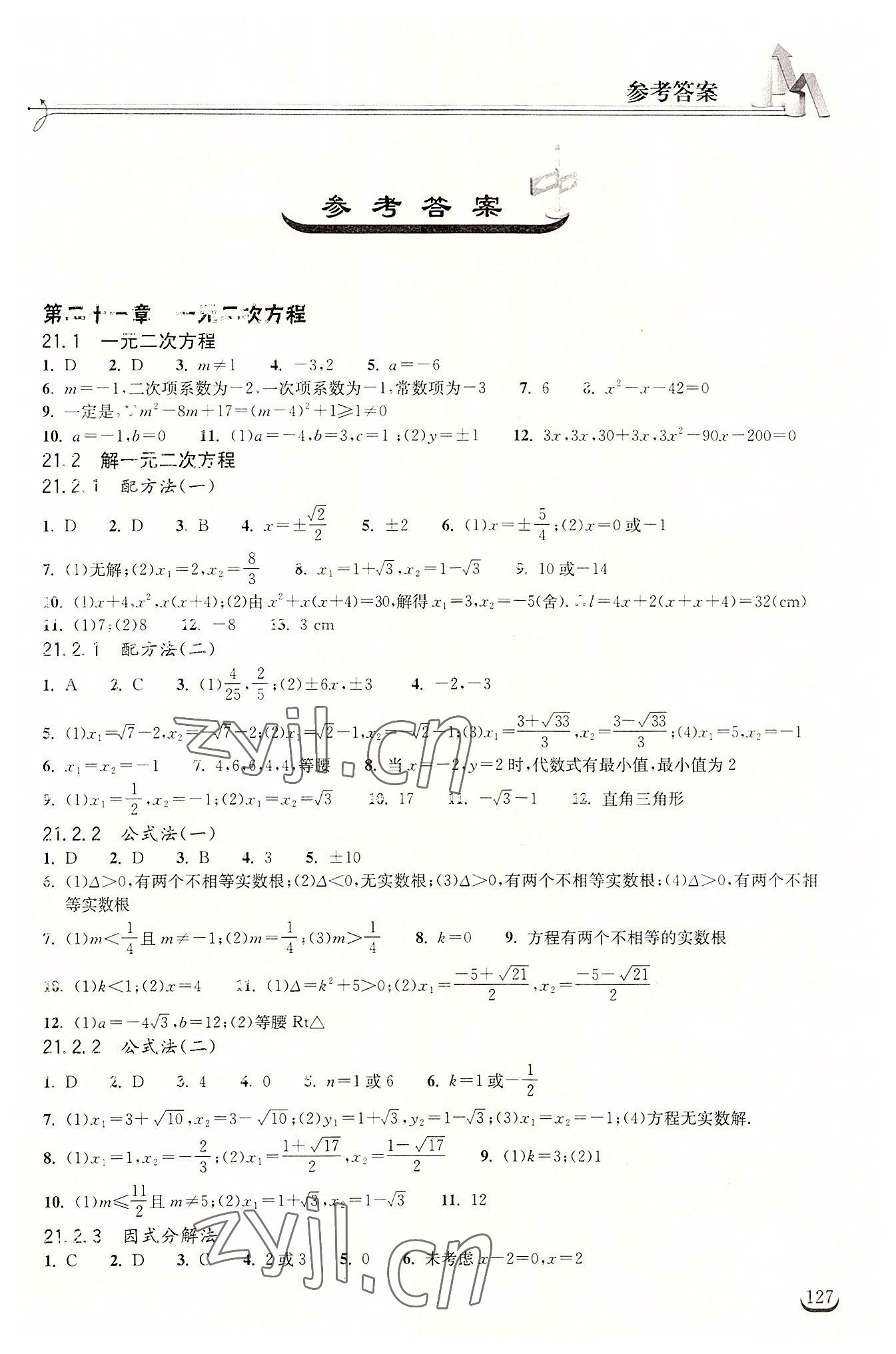 2022年長江作業(yè)本同步練習冊九年級數學上冊人教版 第1頁