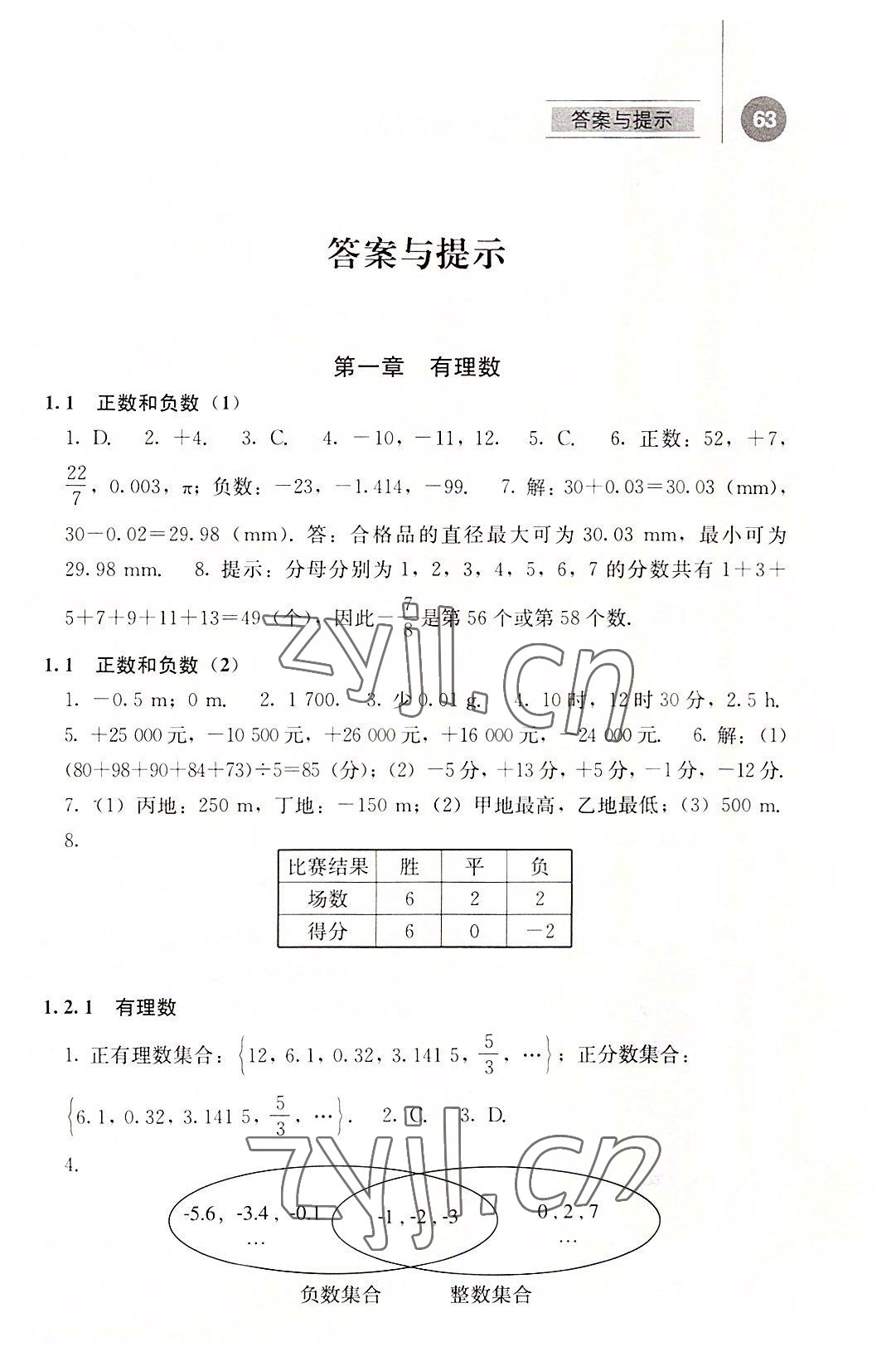 2022年补充习题江苏七年级数学上册人教版人民教育出版社 参考答案第1页