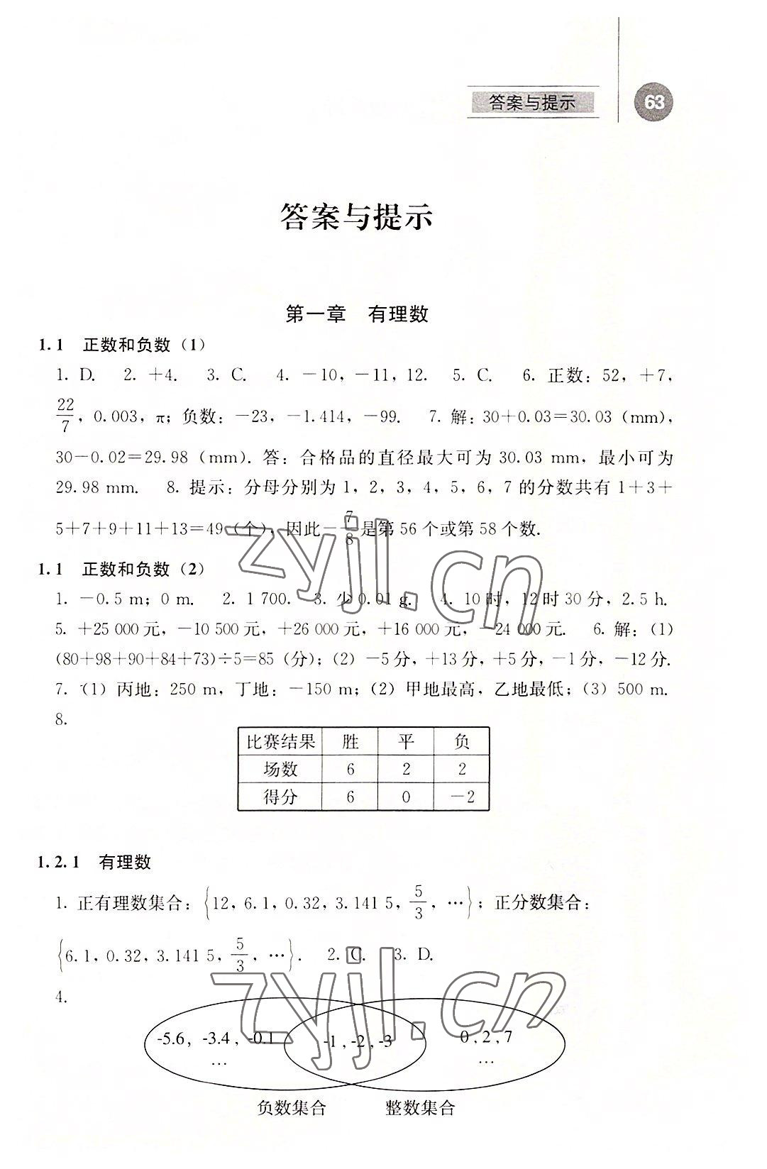 2022年補充習題江蘇七年級數(shù)學上冊人教版人民教育出版社 參考答案第1頁